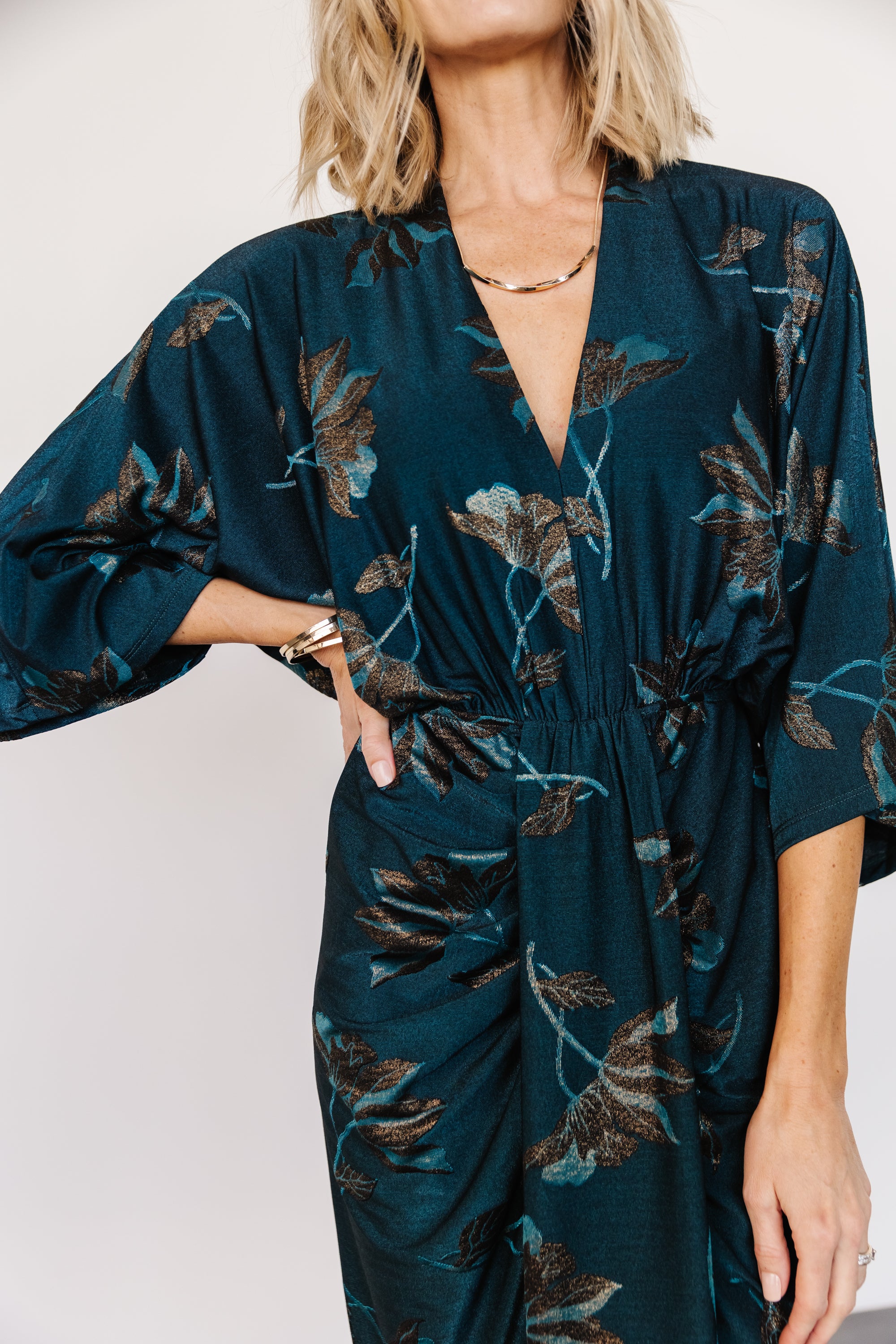 Shaneen Ruched Midi Dress | Jade Floral Shimmer-Glamsiq