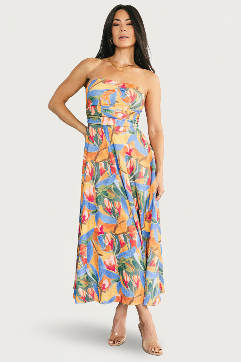 Solana Strapless Midi Dress | Blue Multi-Glamsiq