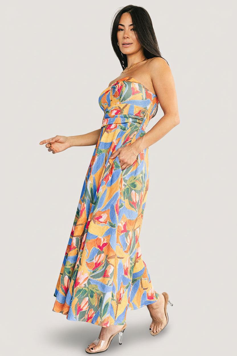 Solana Strapless Midi Dress | Blue Multi-Glamsiq