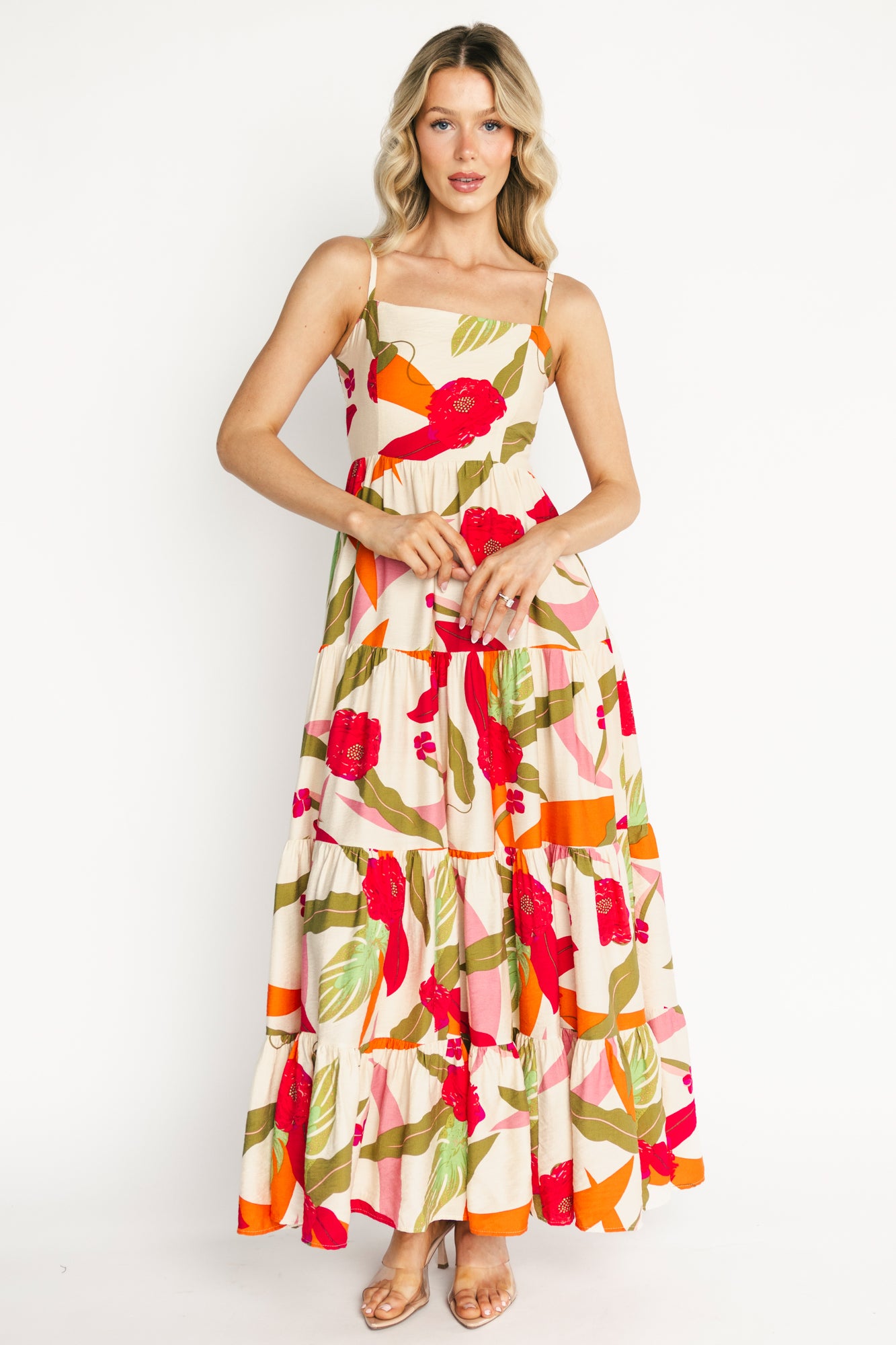 Silvia Tiered Maxi Dress | Natural + Pink Multi-Glamsiq