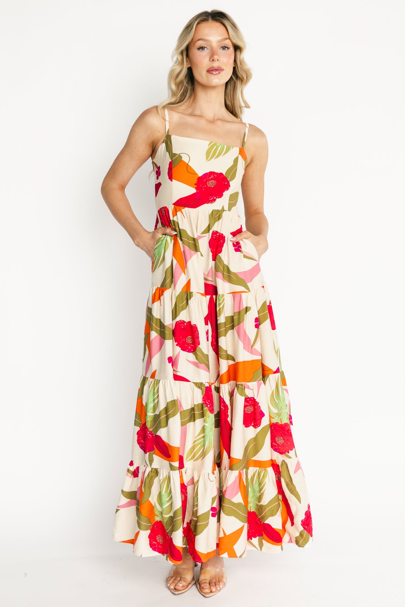 Silvia Tiered Maxi Dress | Natural + Pink Multi-Glamsiq