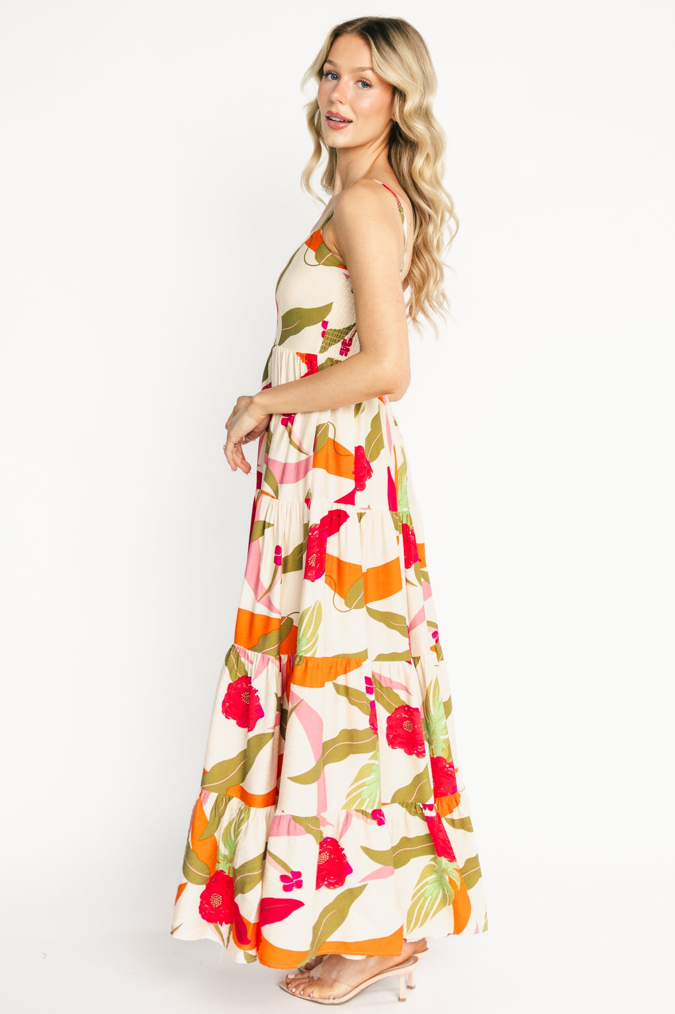 Silvia Tiered Maxi Dress | Natural + Pink Multi-Glamsiq