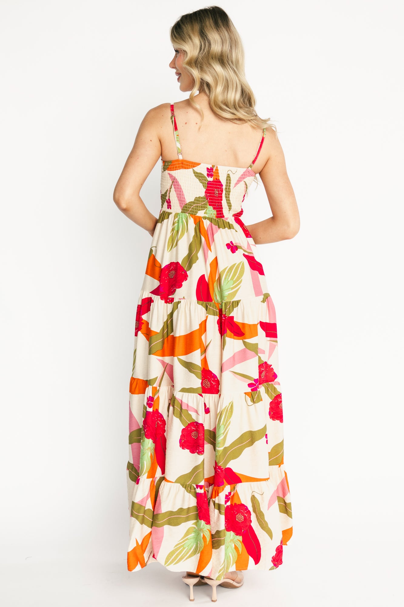 Silvia Tiered Maxi Dress | Natural + Pink Multi-Glamsiq