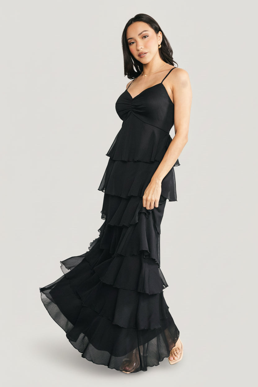 Tiana Tiered Maxi Dress | Black-Glamsiq
