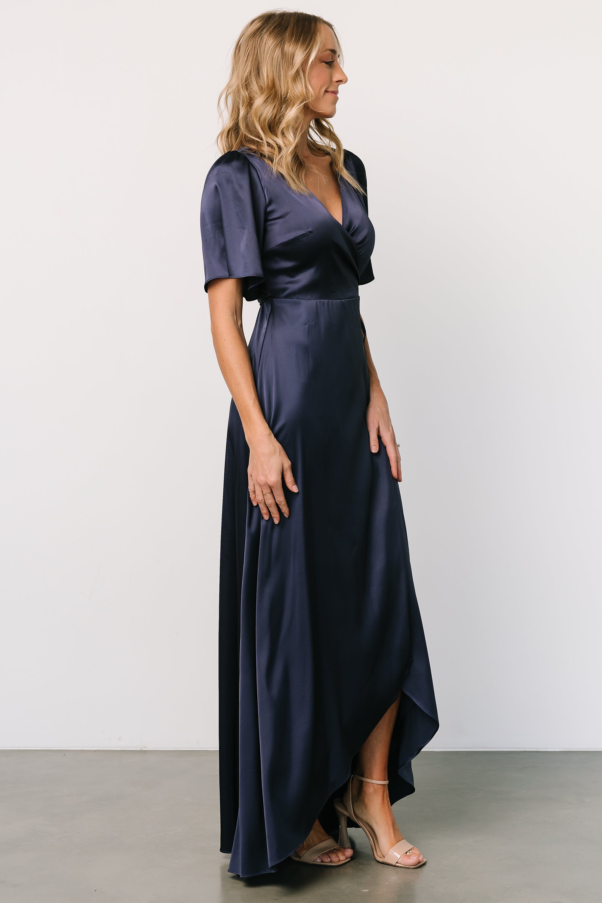 Vara Satin Maxi Wrap Dress | Navy-Glamsiq