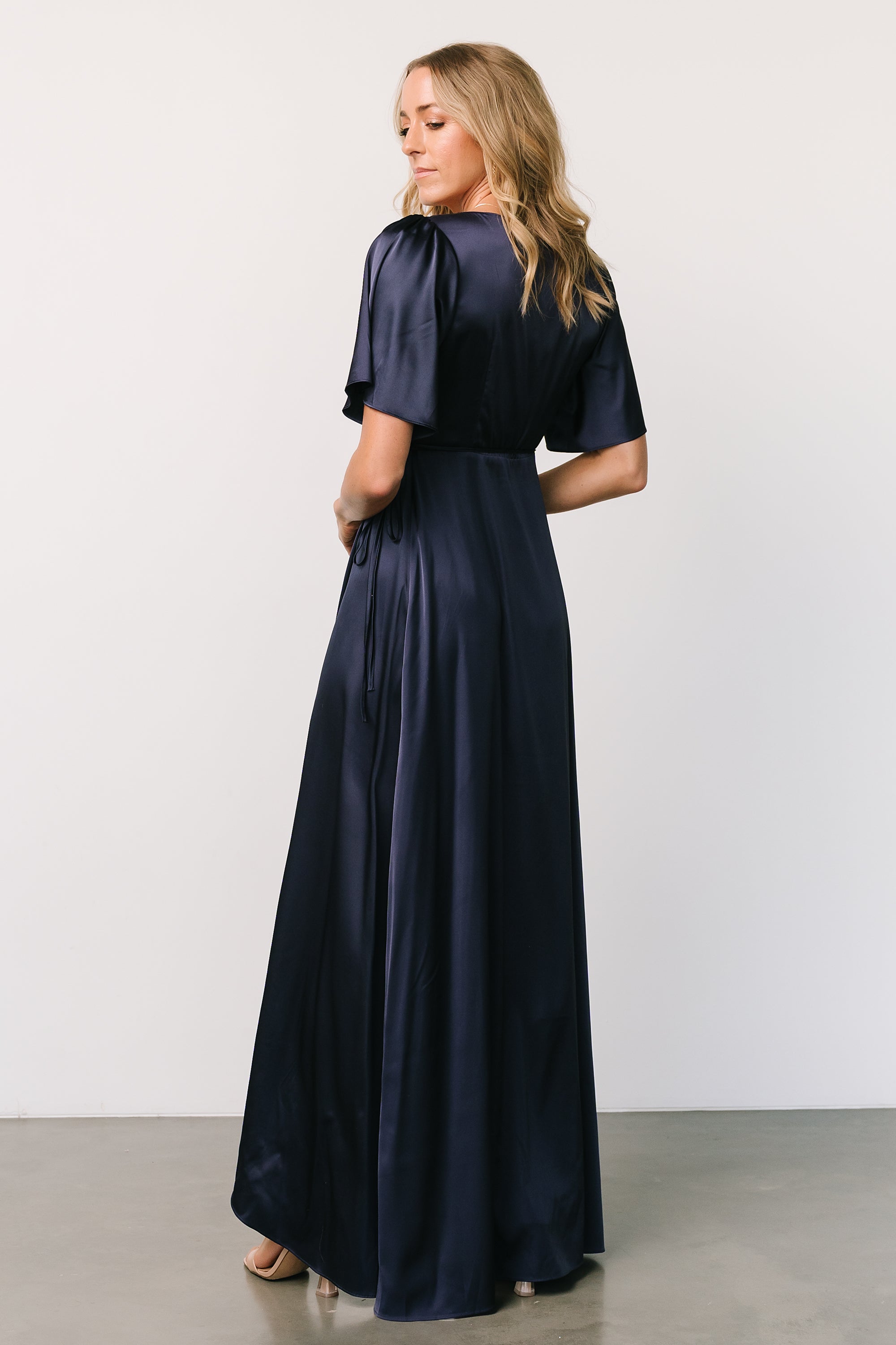 Vara Satin Maxi Wrap Dress | Navy-Glamsiq