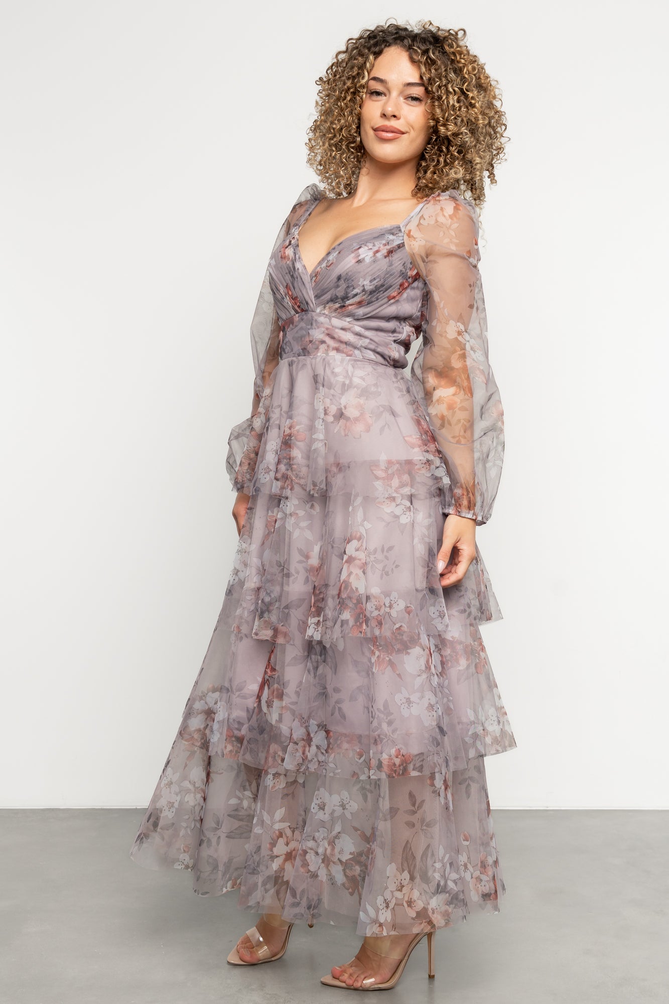 Tessa Tiered Maxi Dress | Lilac Gray Floral-Glamsiq