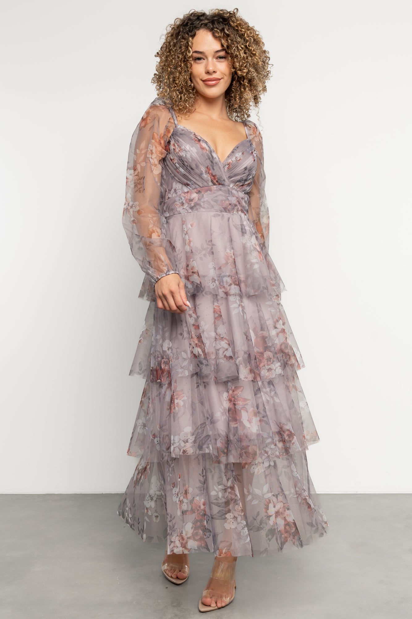 Tessa Tiered Maxi Dress | Lilac Gray Floral-Glamsiq
