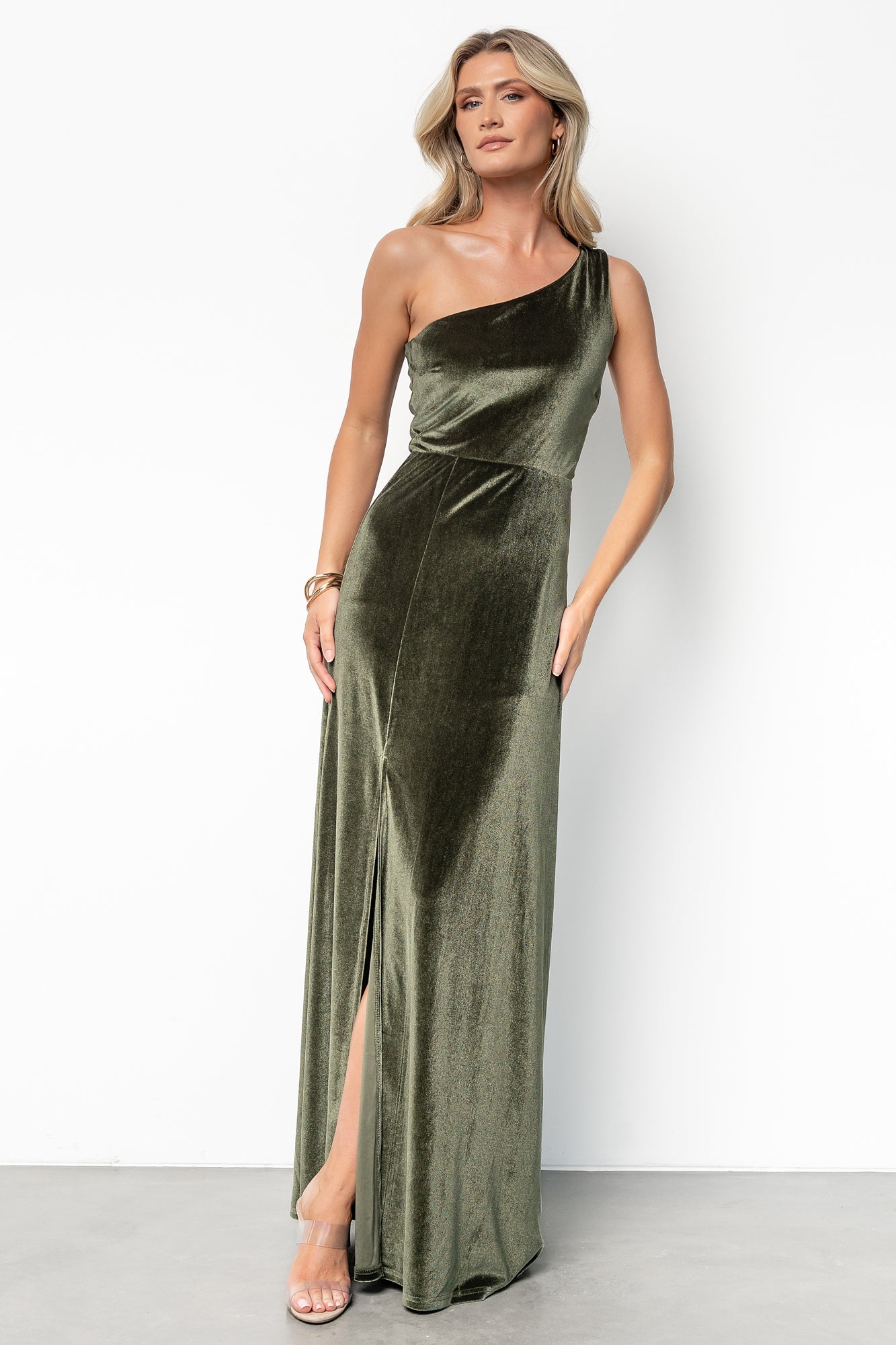 Tatiana Velvet One Shoulder Maxi Dress | Olive-Glamsiq