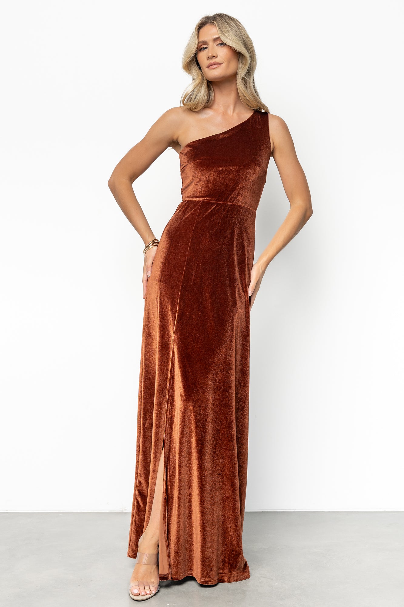 Tatiana Velvet One Shoulder Maxi Dress | Bronze-Glamsiq