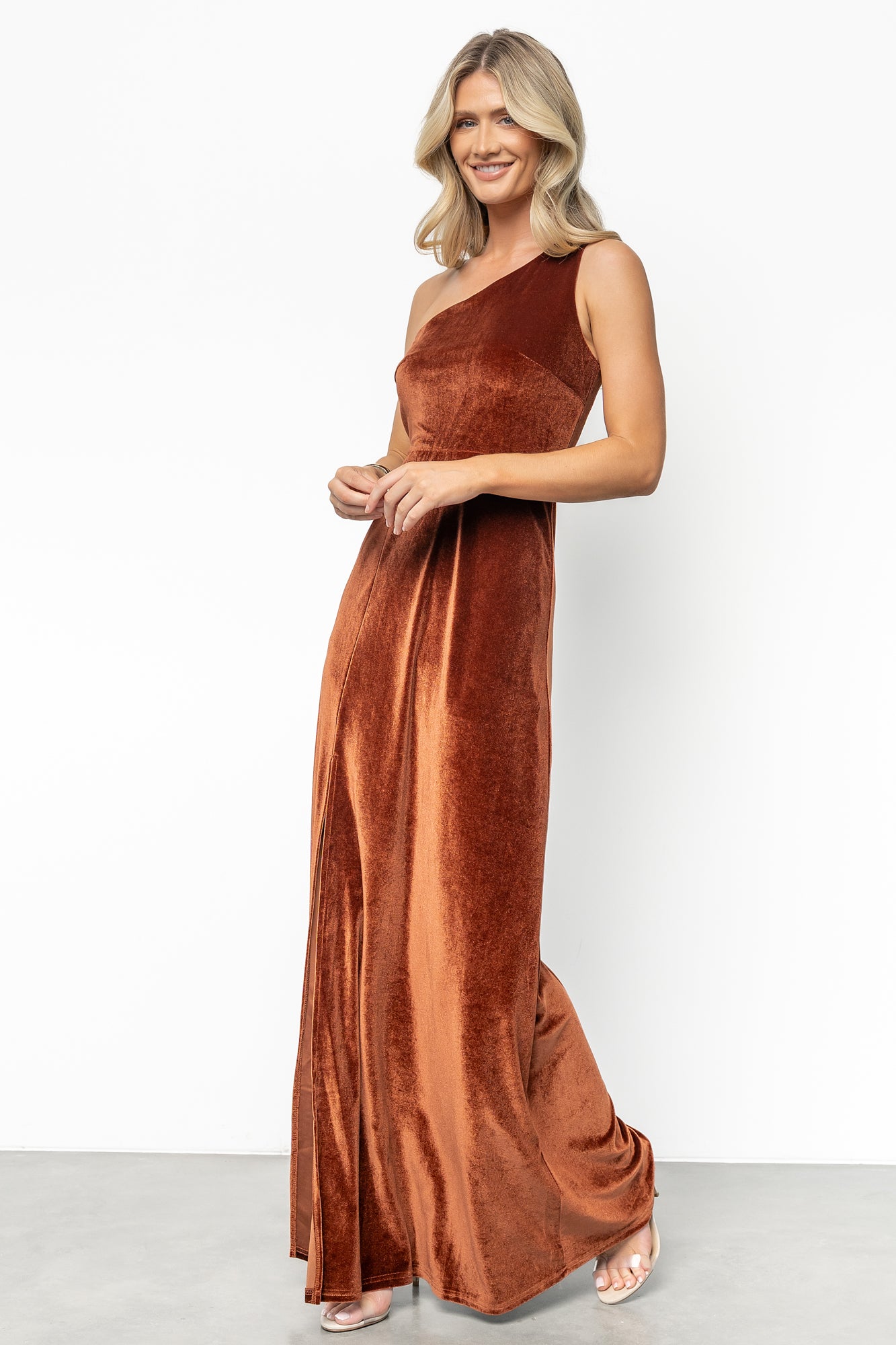 Tatiana Velvet One Shoulder Maxi Dress | Bronze-Glamsiq