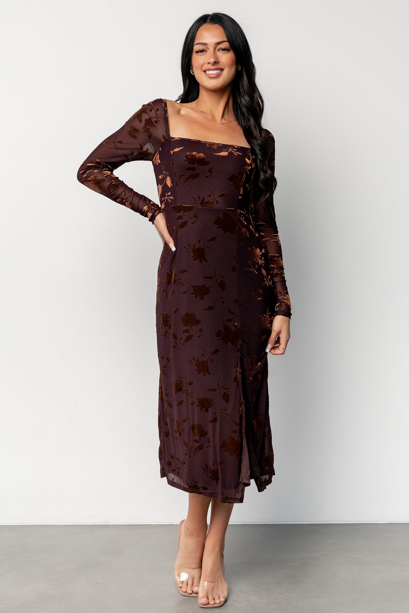 Tamara Midi Dress | Deep Plum + Dark Bronze Floral-Glamsiq