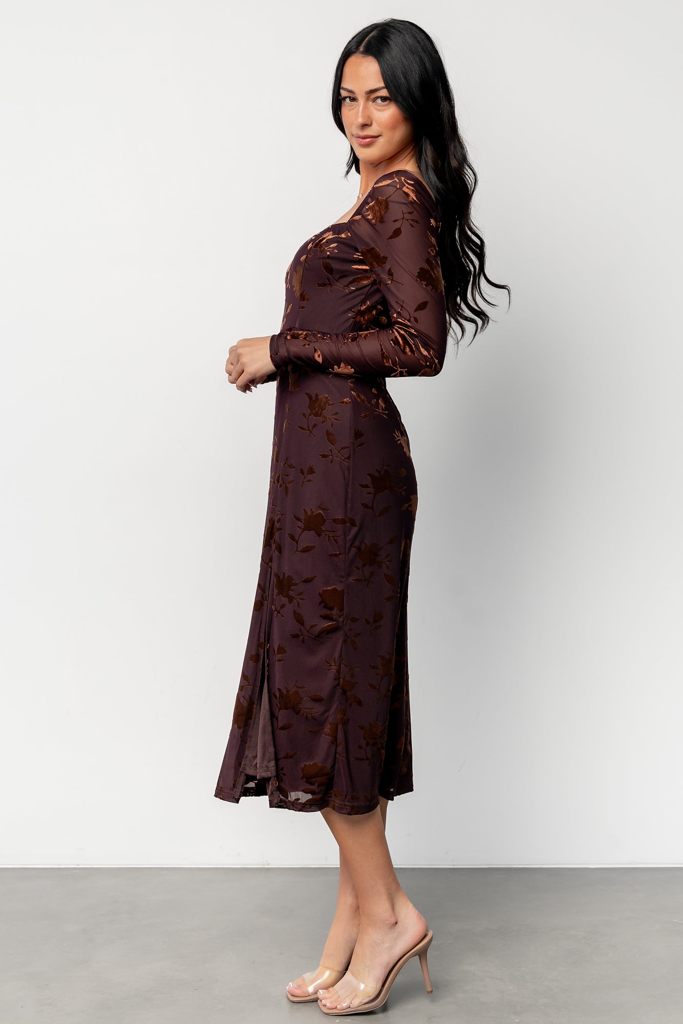 Tamara Midi Dress | Deep Plum + Dark Bronze Floral-Glamsiq