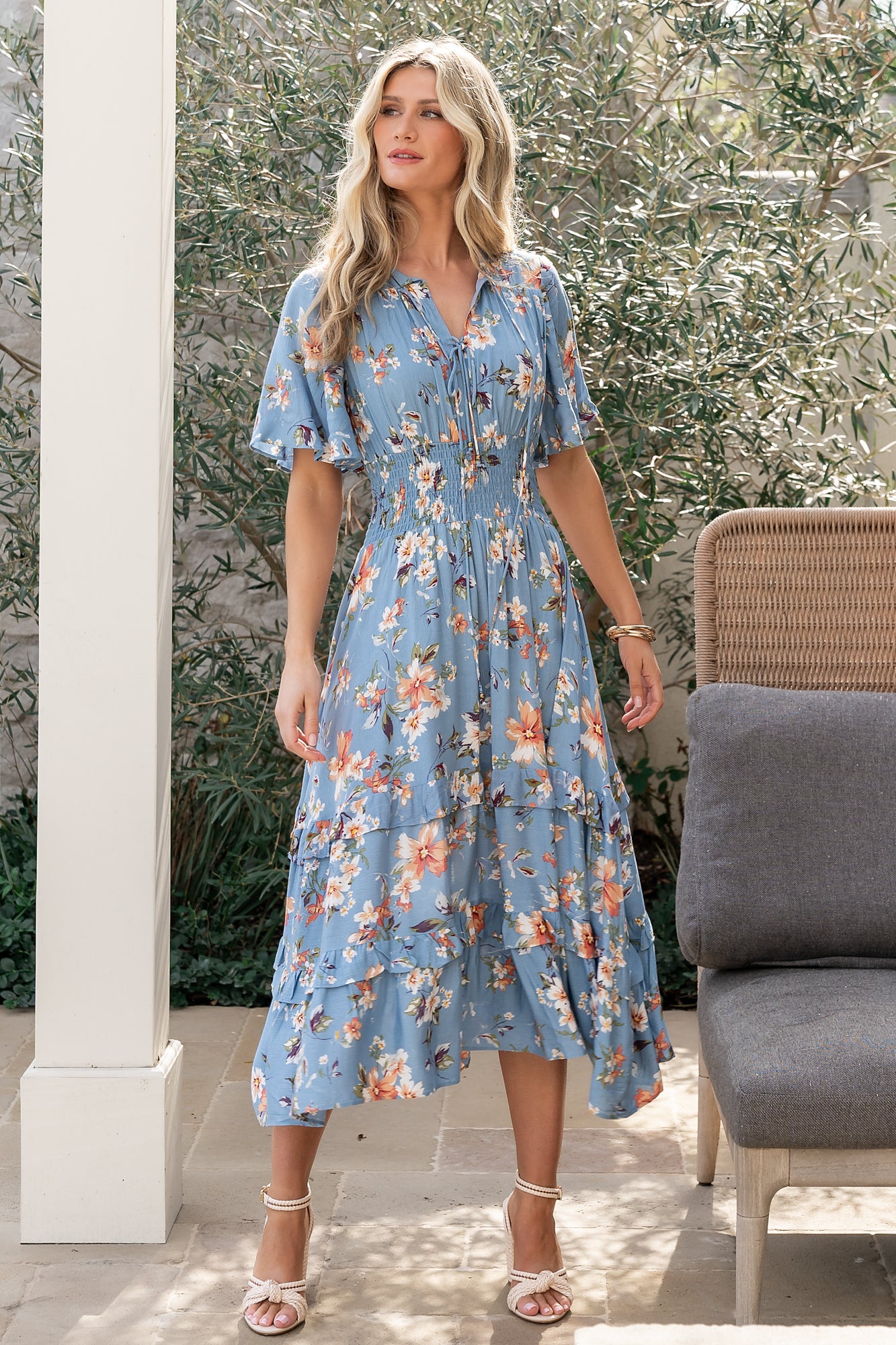 Spell Boho Midi Dress | Blue + Peach Floral-Glamsiq