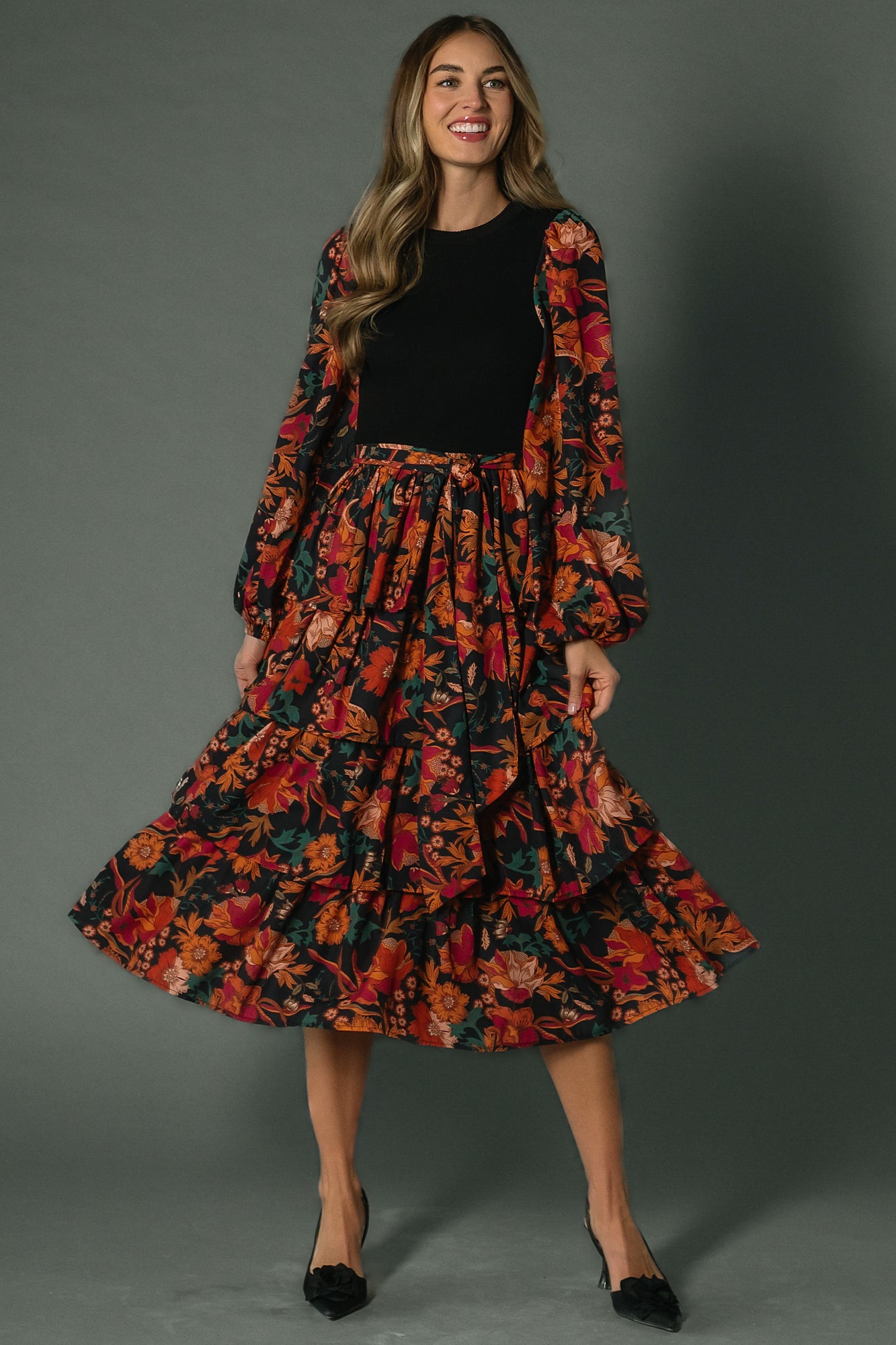 Sylvie Tiered Midi Dress | Black Multi-Glamsiq