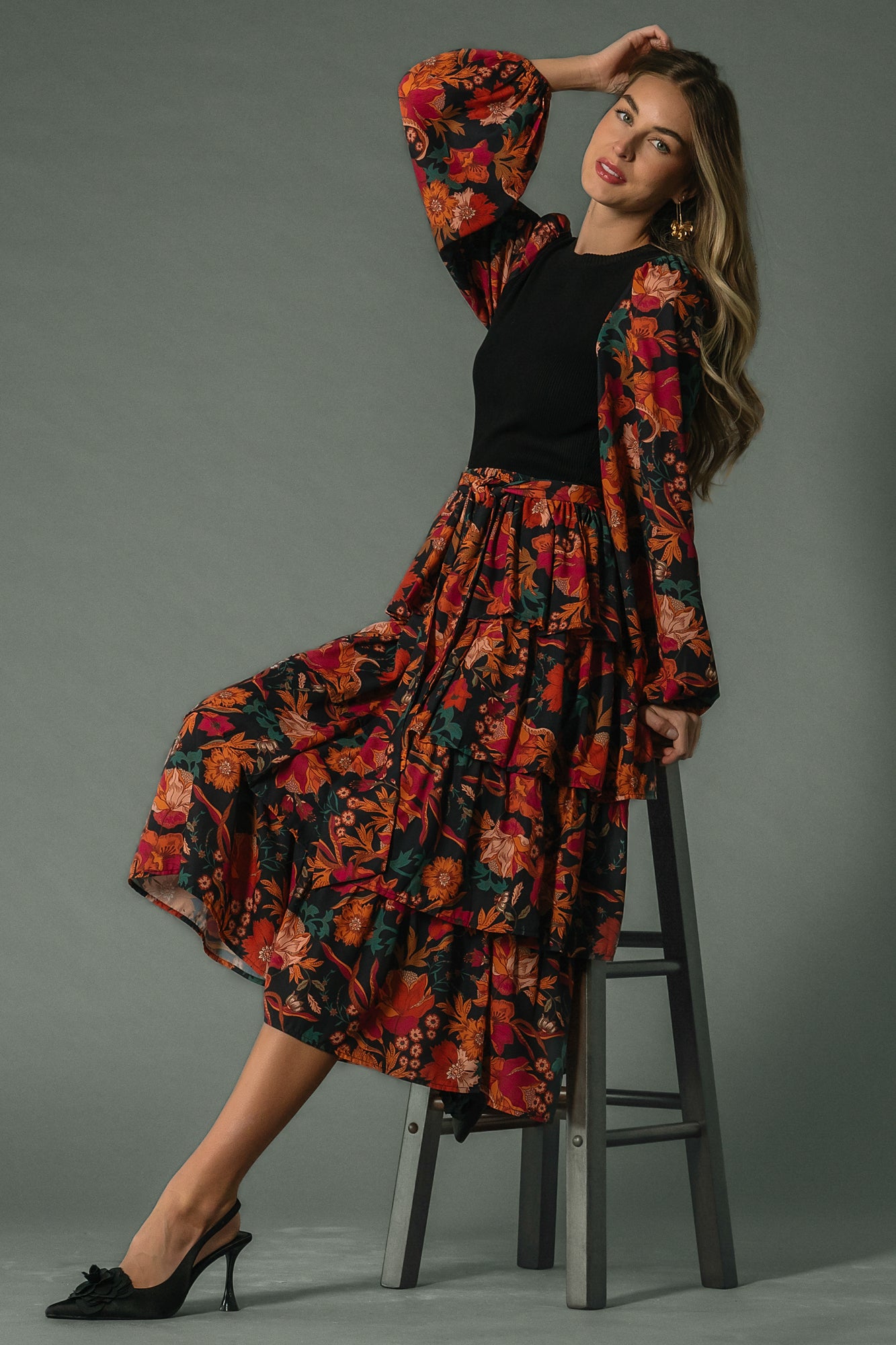 Sylvie Tiered Midi Dress | Black Multi-Glamsiq