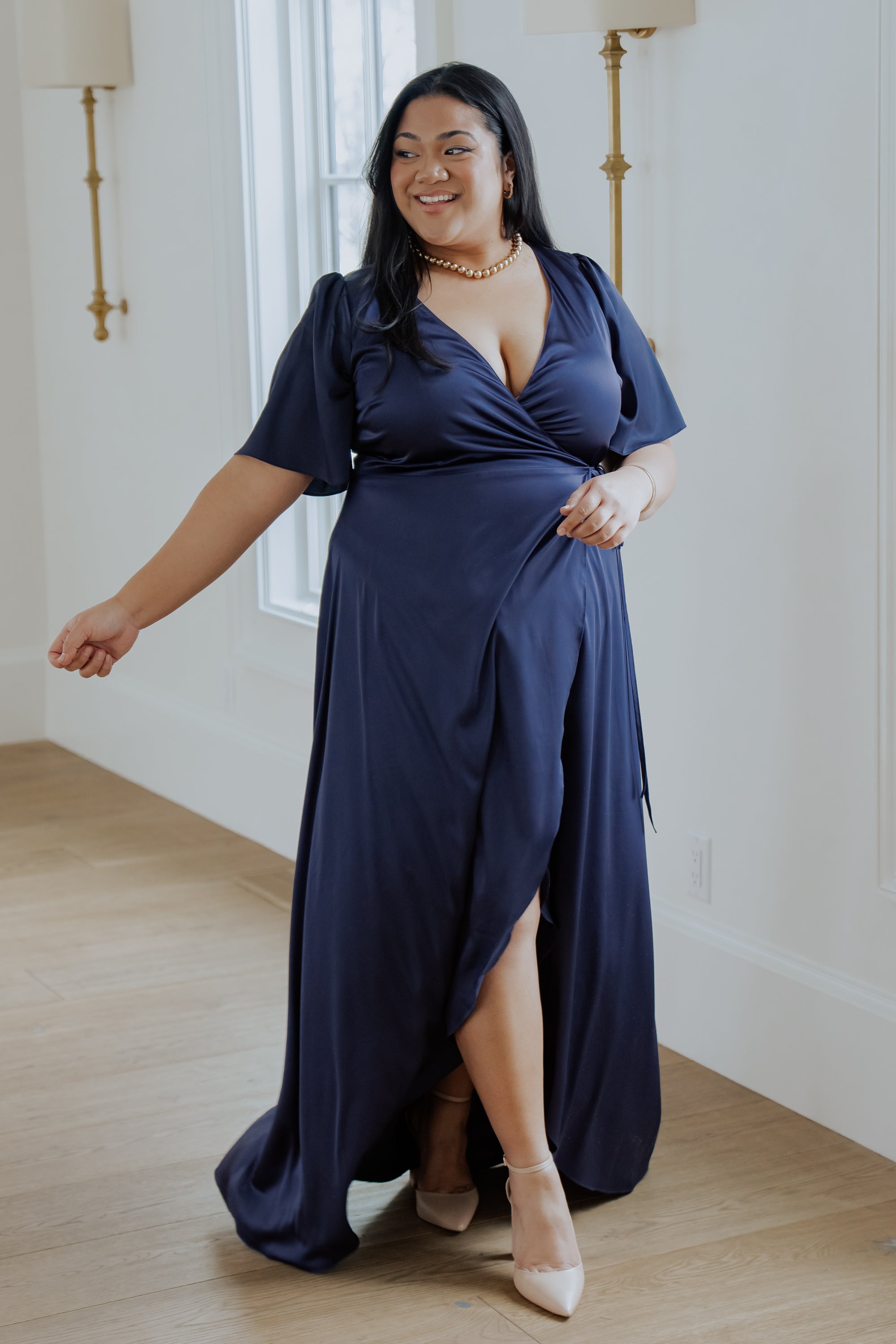 Vara Satin Maxi Wrap Dress | Navy-Glamsiq