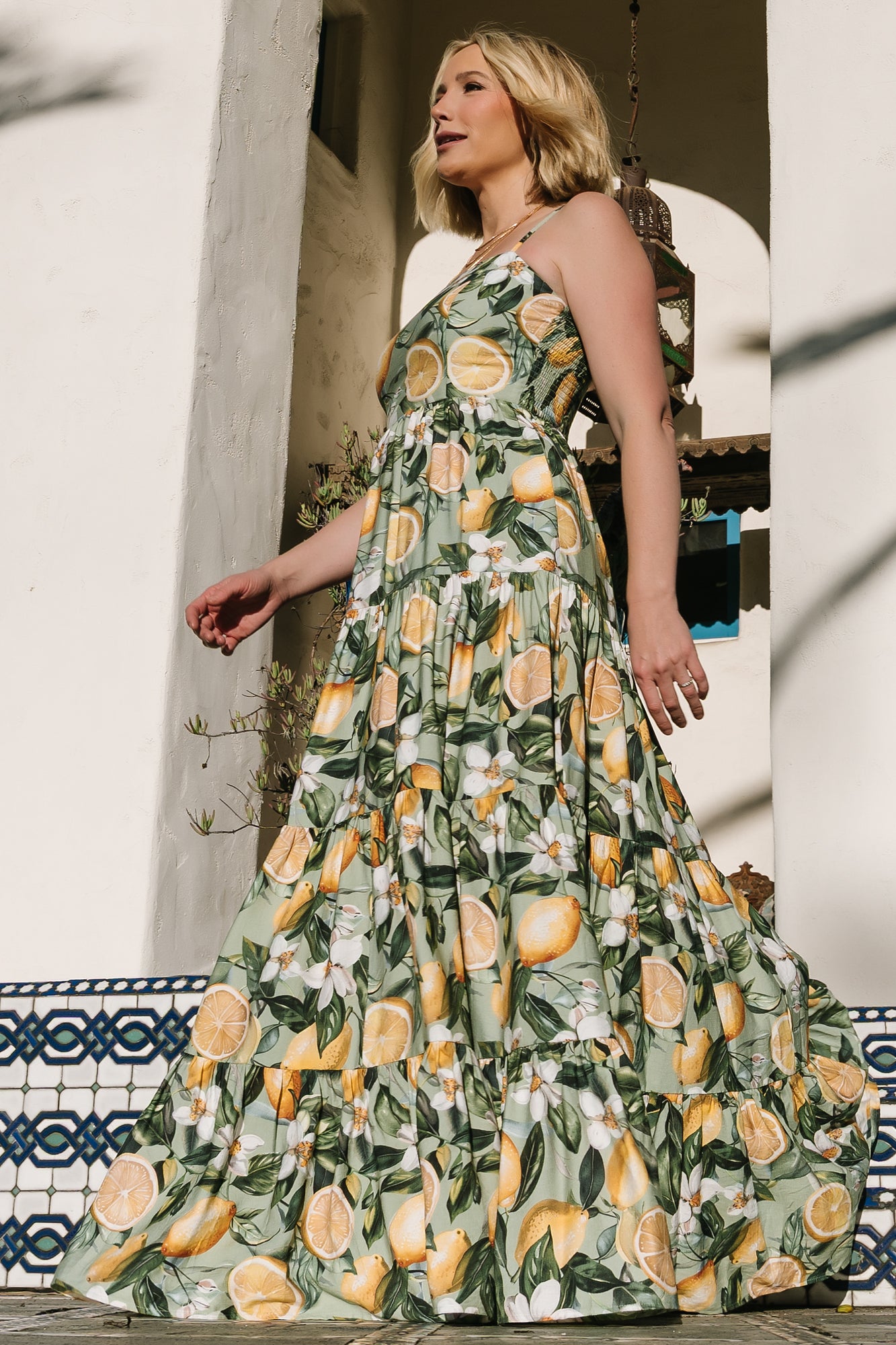 Silvia Tiered Maxi Dress | Sage Lemon Print-Glamsiq