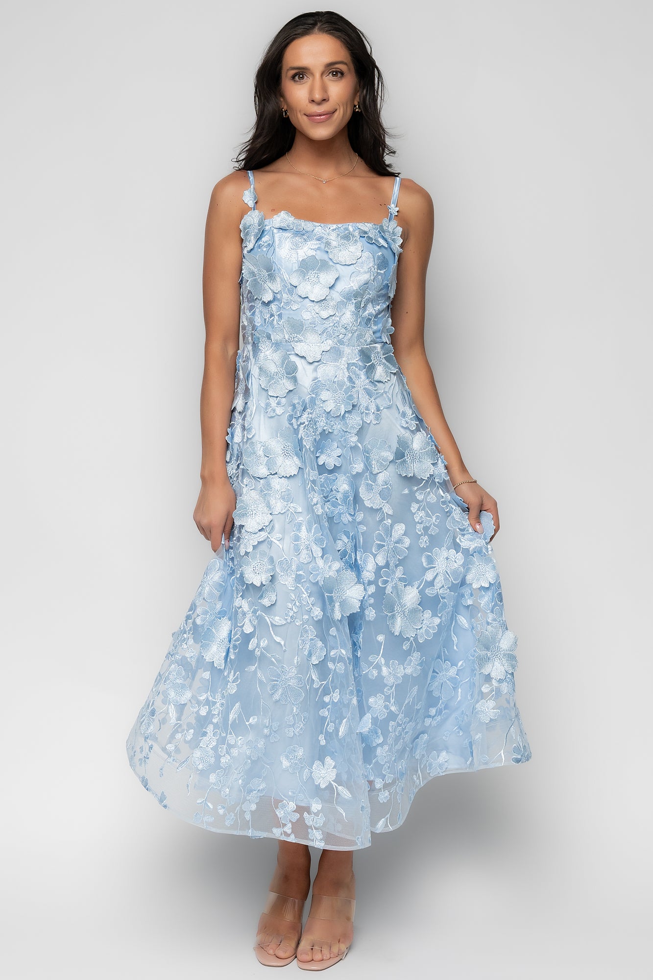 Soleil Floral Applique Midi Dress | Light Blue-Glamsiq