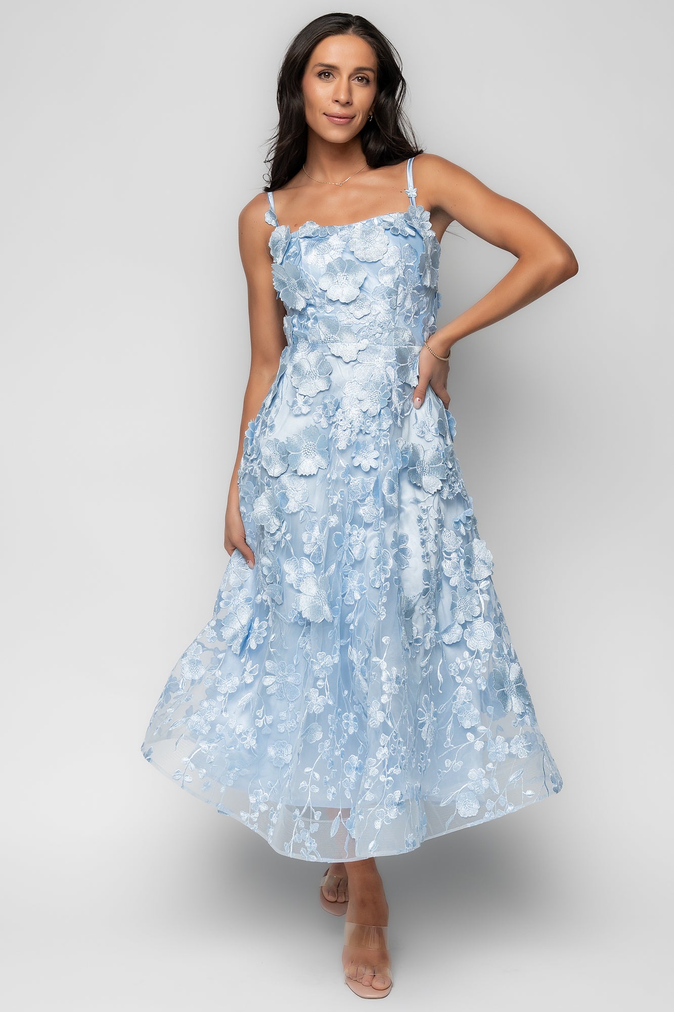 Soleil Floral Applique Midi Dress | Light Blue-Glamsiq