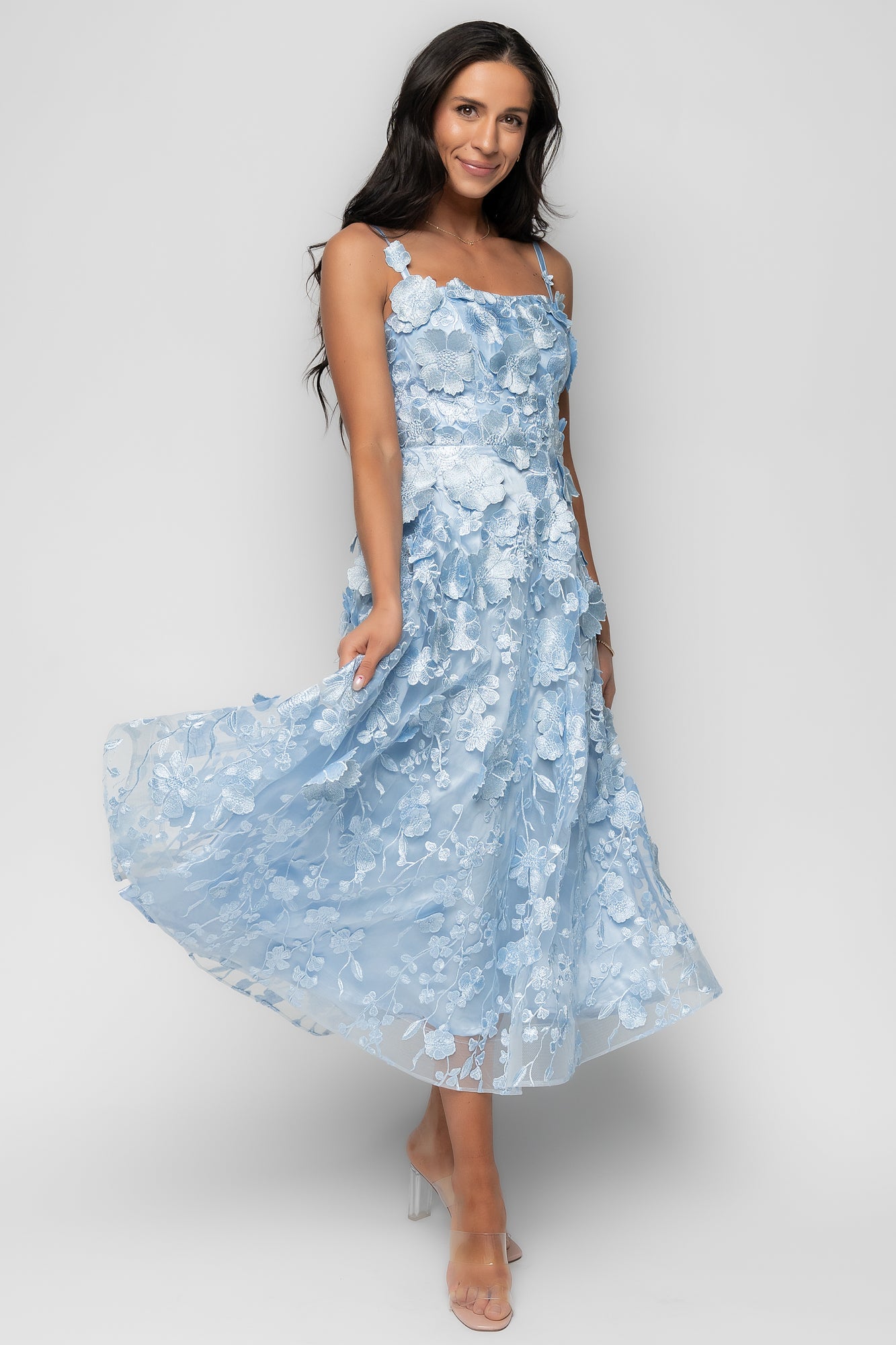 Soleil Floral Applique Midi Dress | Light Blue-Glamsiq