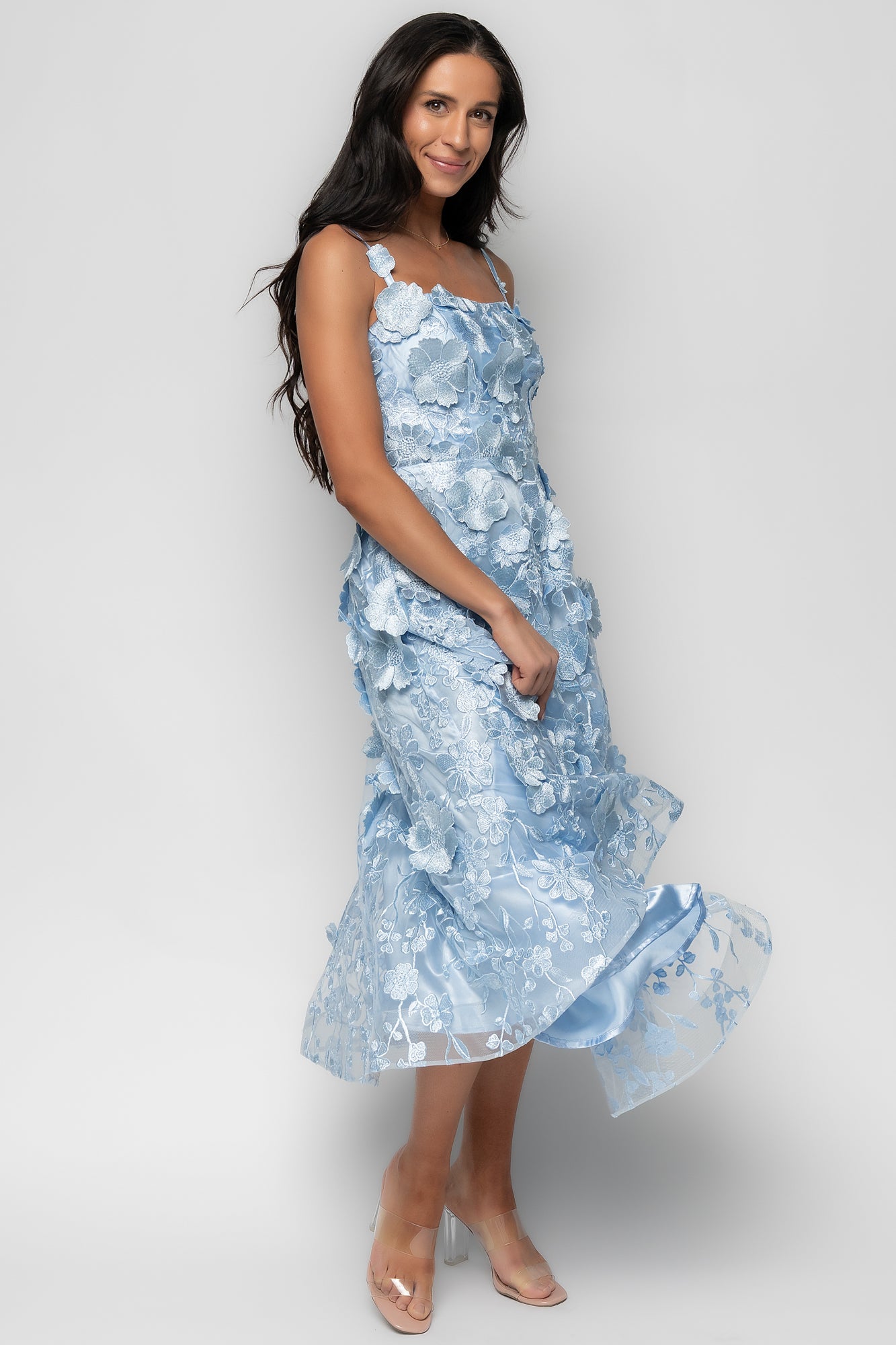 Soleil Floral Applique Midi Dress | Light Blue-Glamsiq