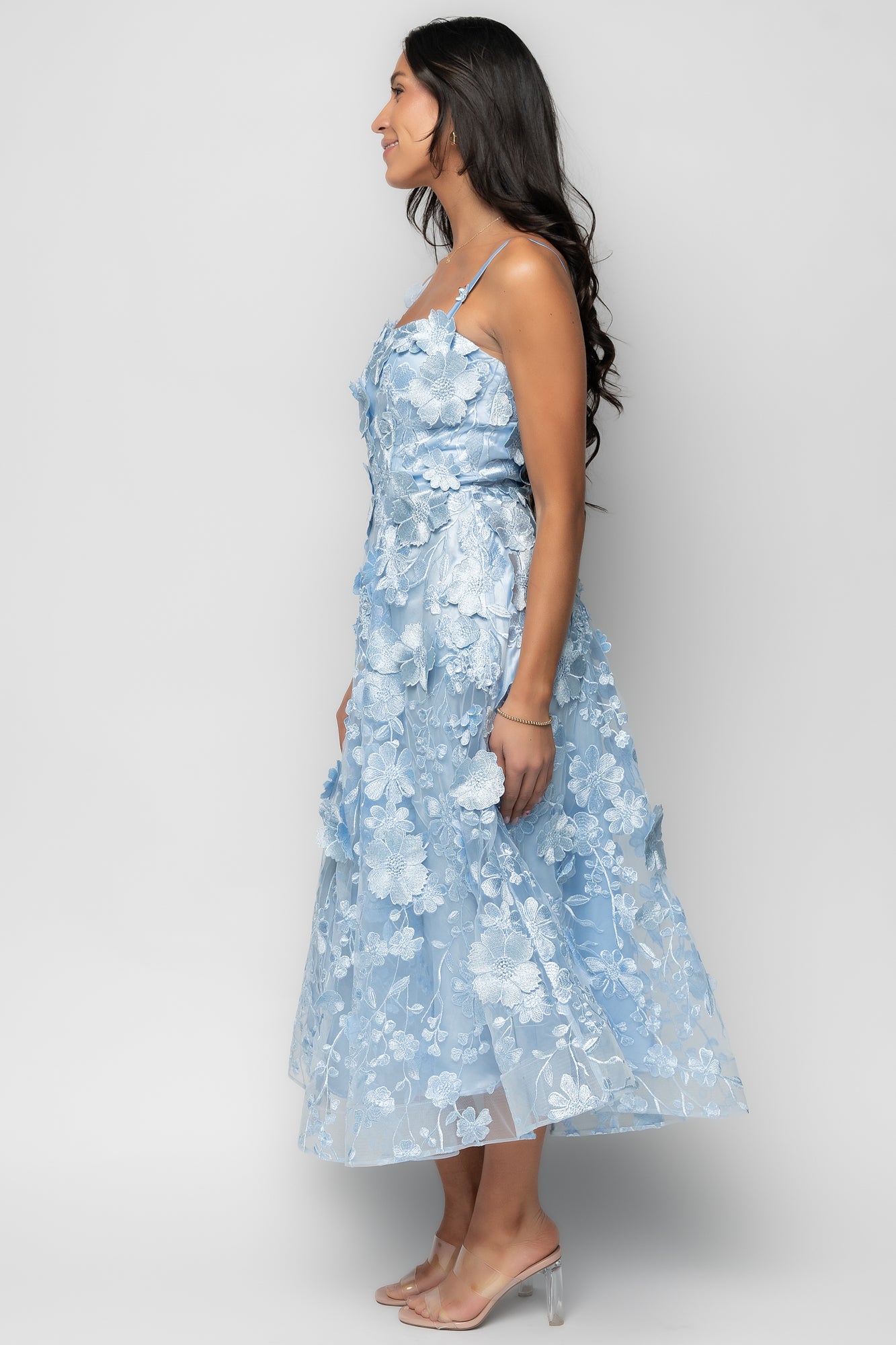 Soleil Floral Applique Midi Dress | Light Blue-Glamsiq