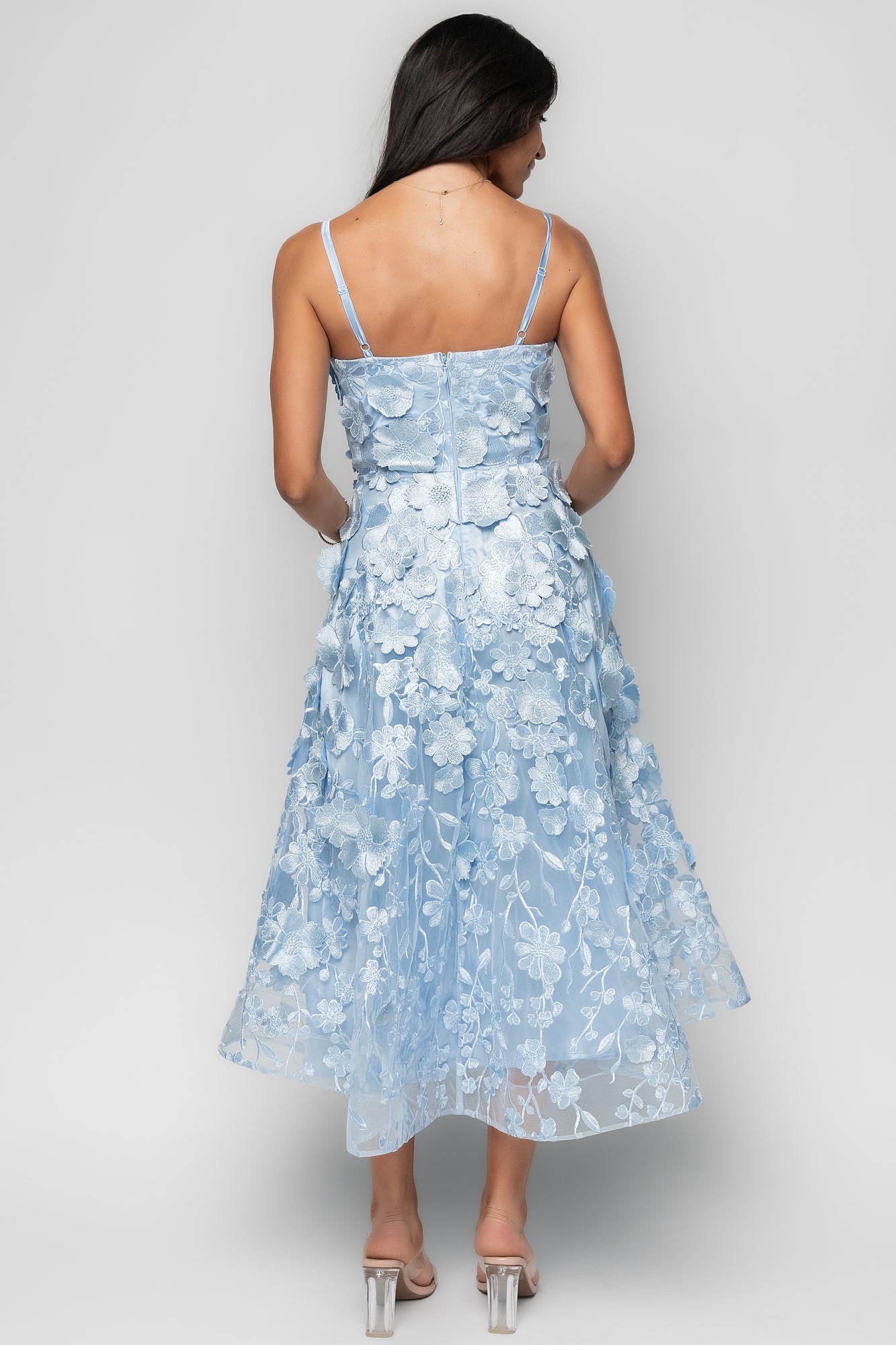 Soleil Floral Applique Midi Dress | Light Blue-Glamsiq