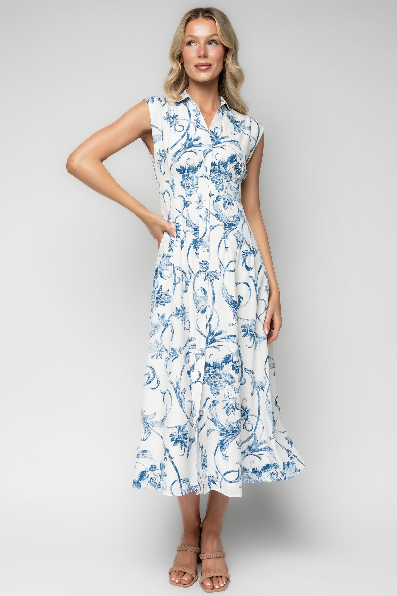 Tobias Midi Dress | Off White + Blue Floral-Glamsiq