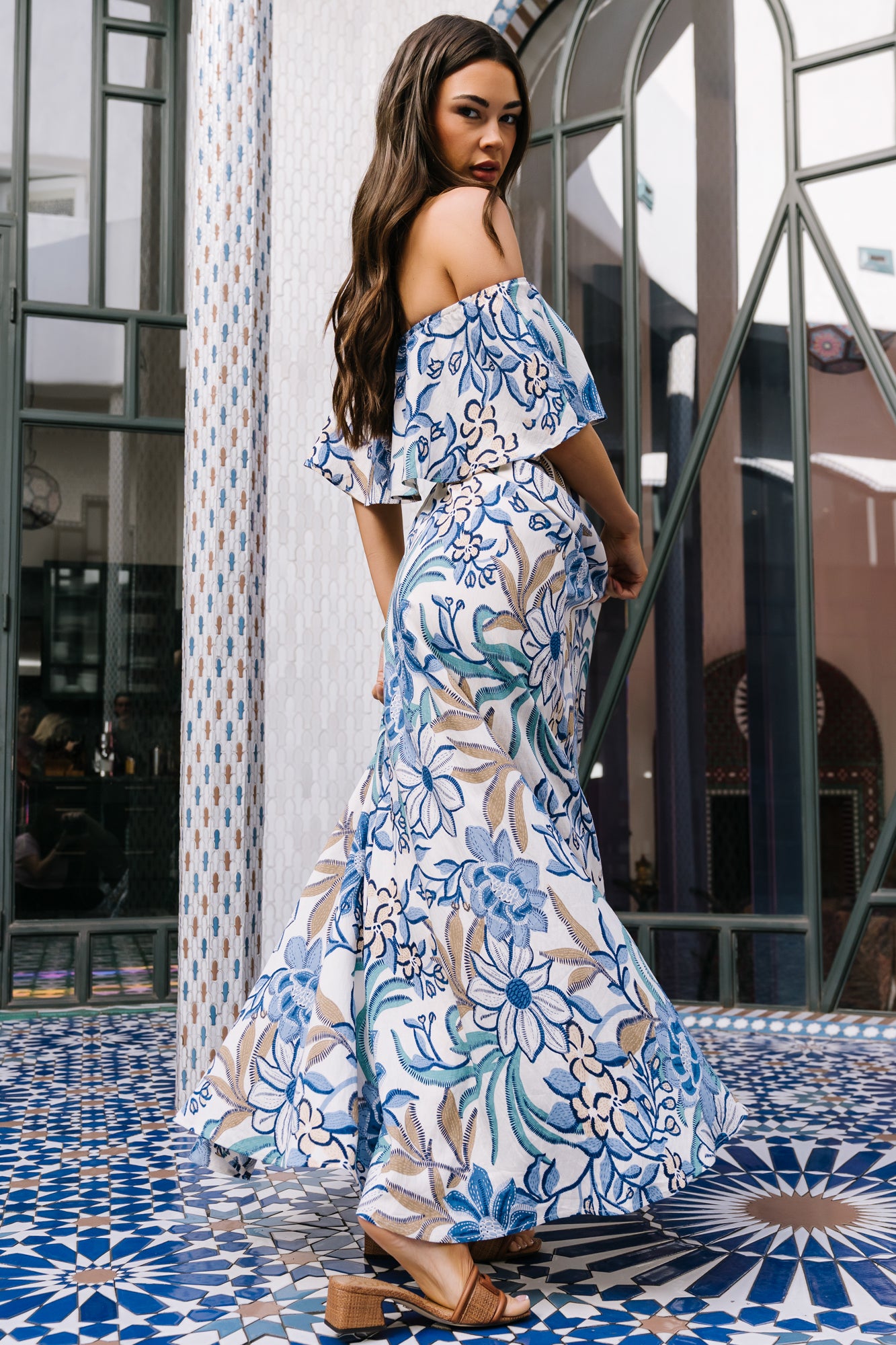 Valentina Off Shoulder Maxi Dress | Cream + Blue Multi-Glamsiq