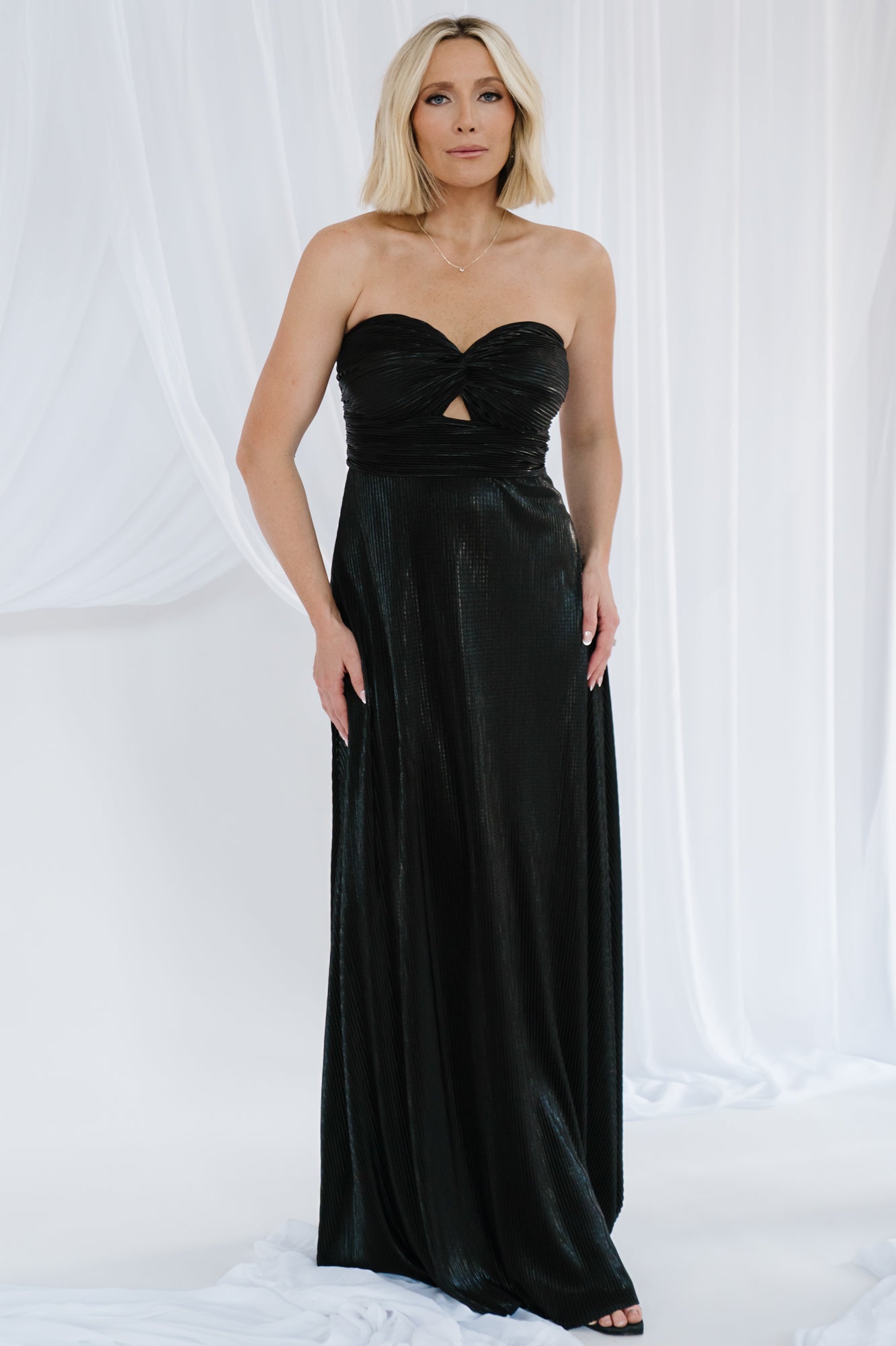 Seraphine Pleated Strapless Gown | Black-Glamsiq