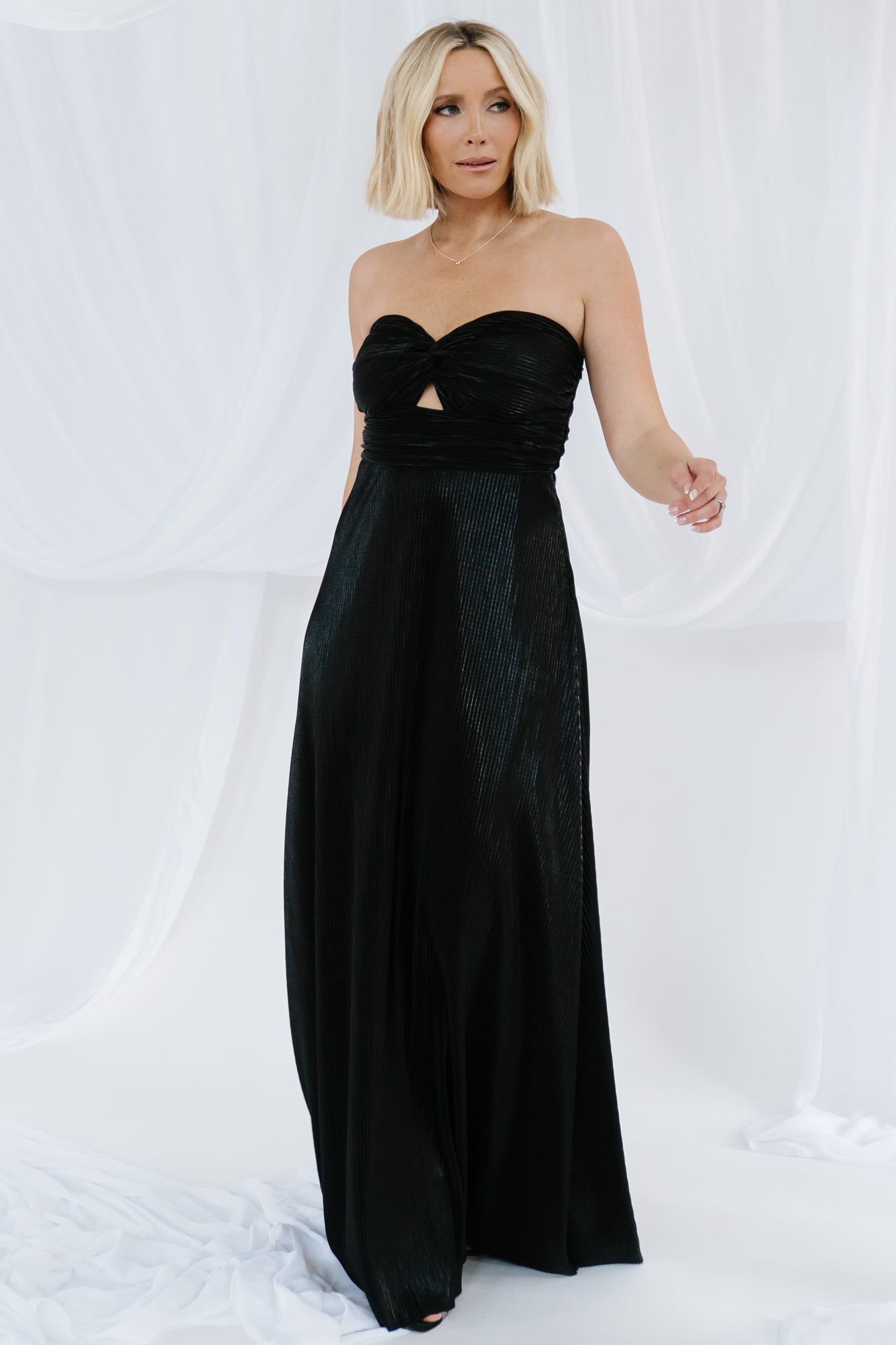 Seraphine Pleated Strapless Gown | Black-Glamsiq