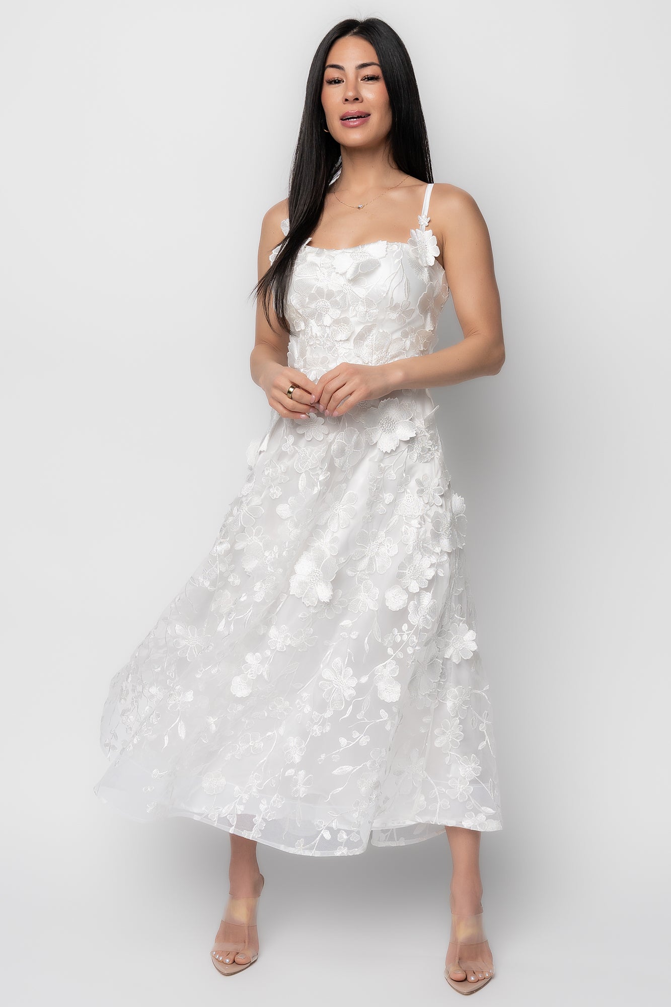 Soleil Floral Applique Midi Dress | Ivory-Glamsiq