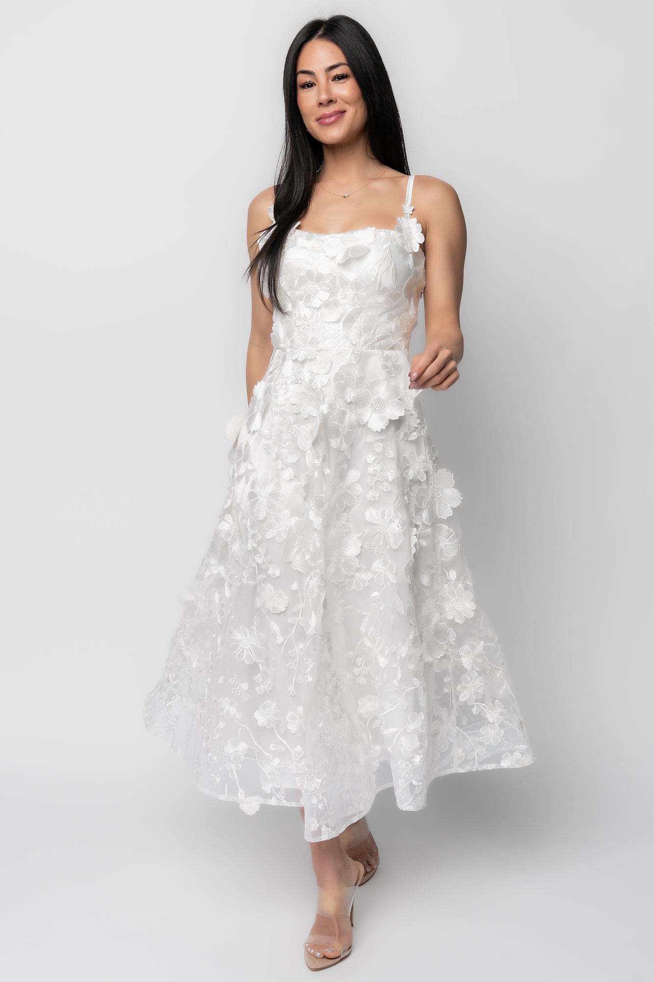 Soleil Floral Applique Midi Dress | Ivory-Glamsiq