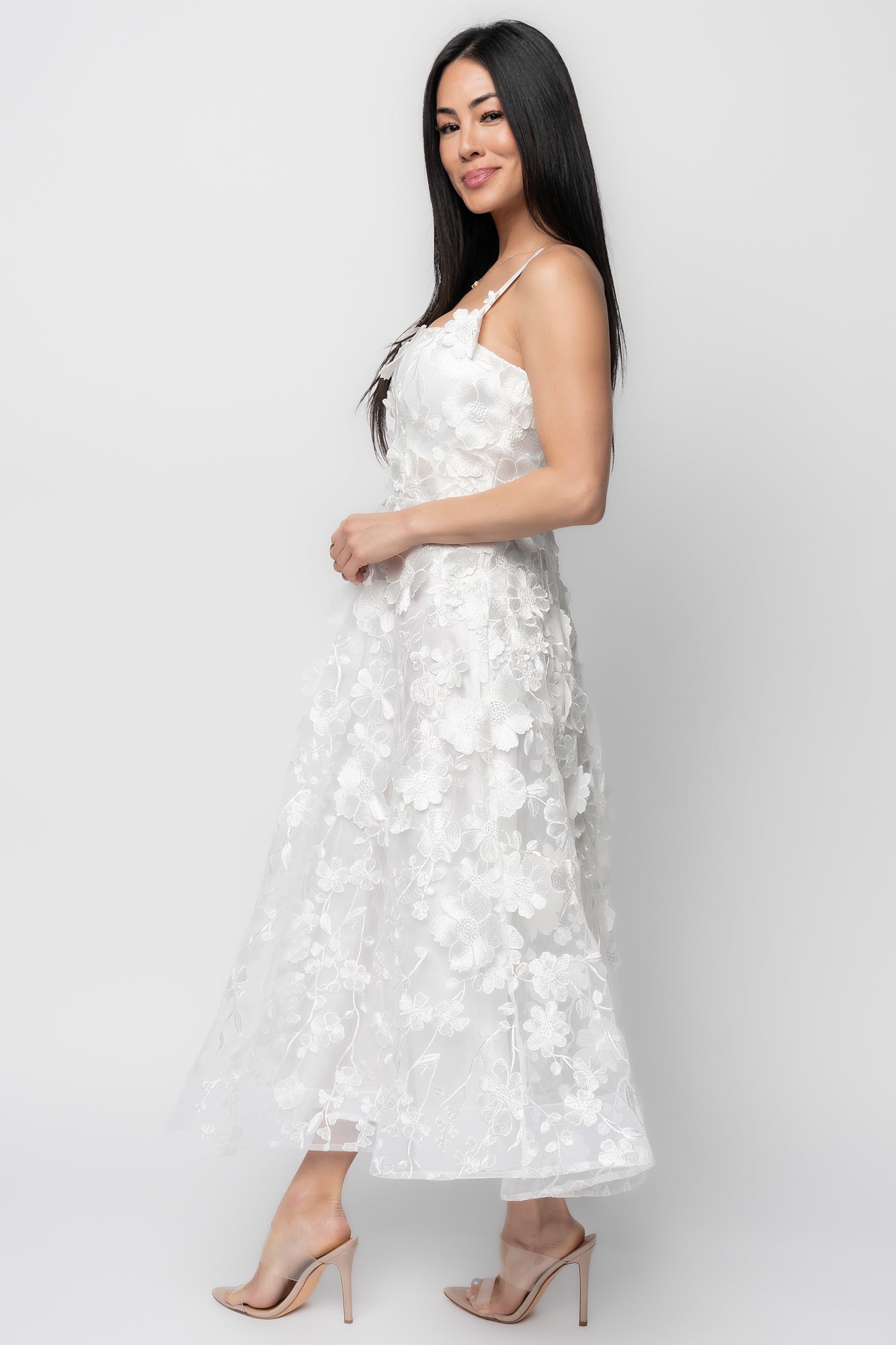 Soleil Floral Applique Midi Dress | Ivory-Glamsiq