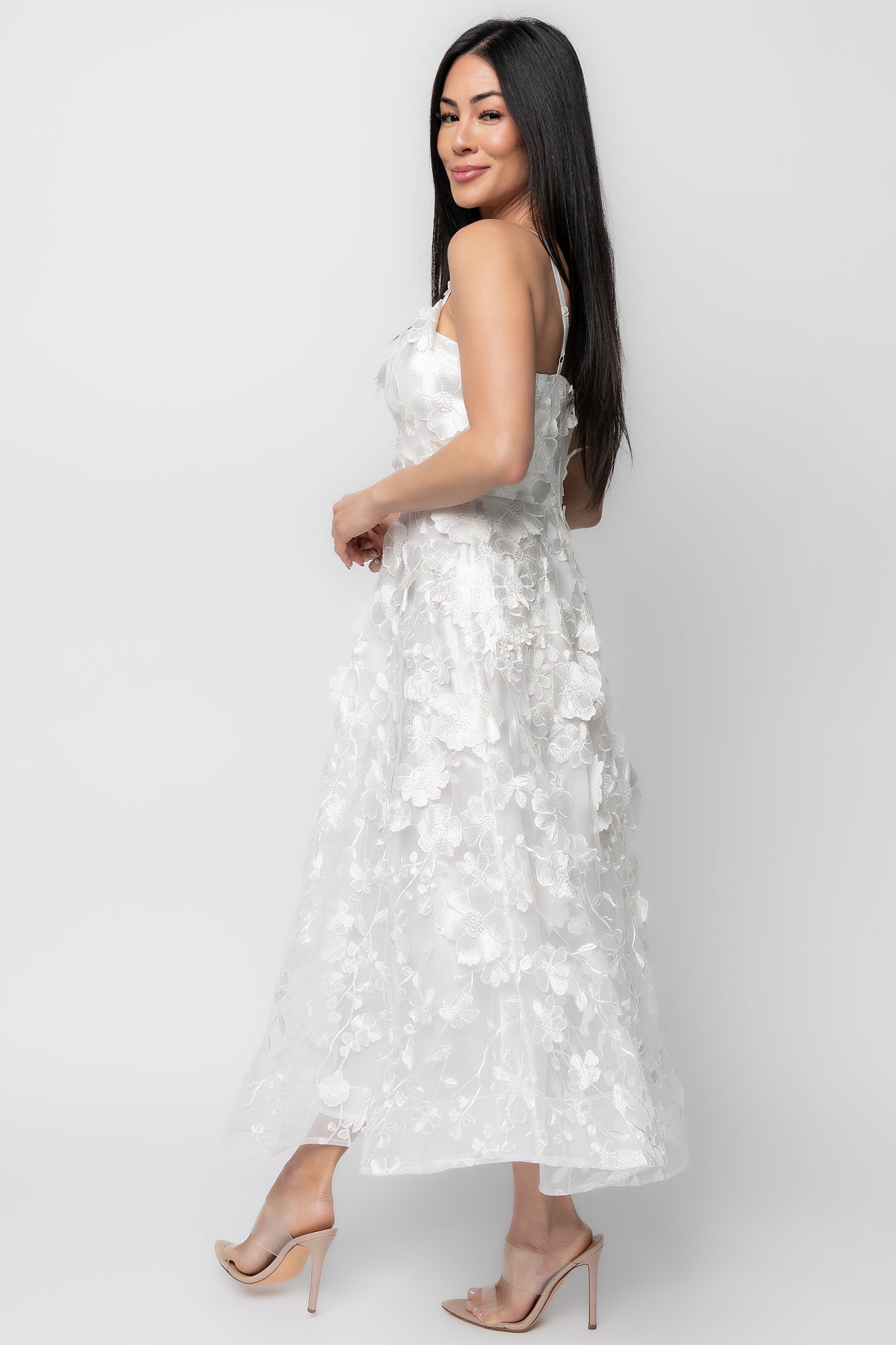 Soleil Floral Applique Midi Dress | Ivory-Glamsiq