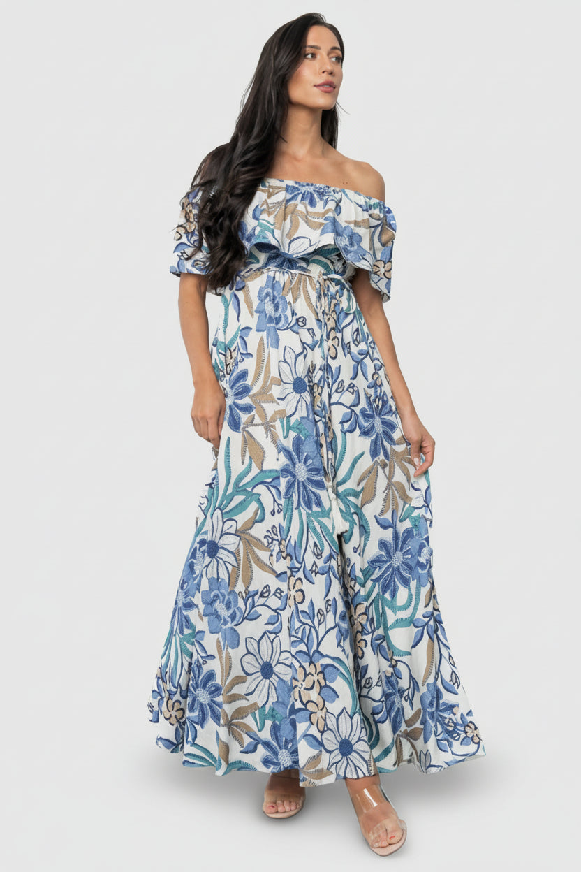 Valentina Off Shoulder Maxi Dress | Cream + Blue Multi-Glamsiq