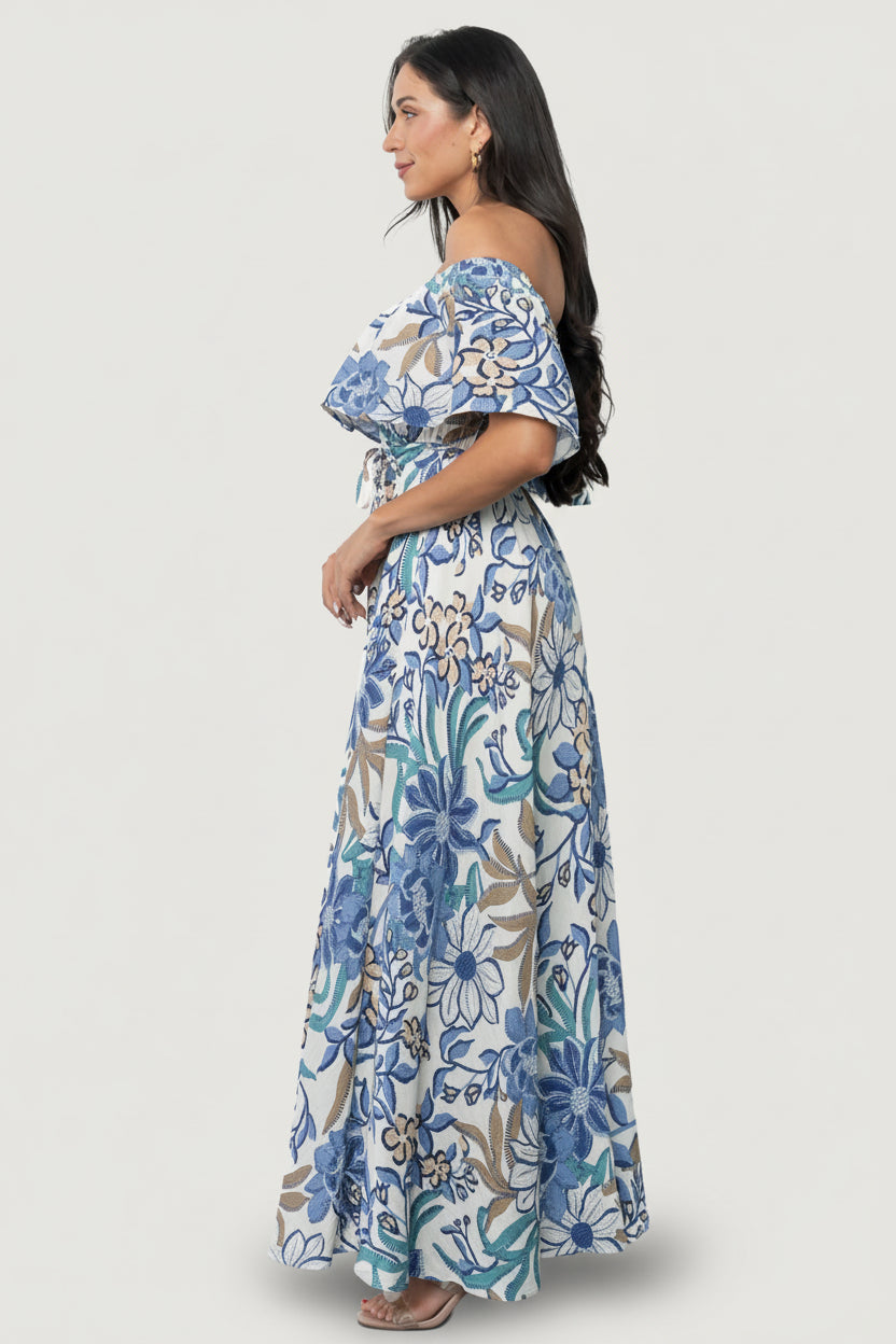 Valentina Off Shoulder Maxi Dress | Cream + Blue Multi-Glamsiq