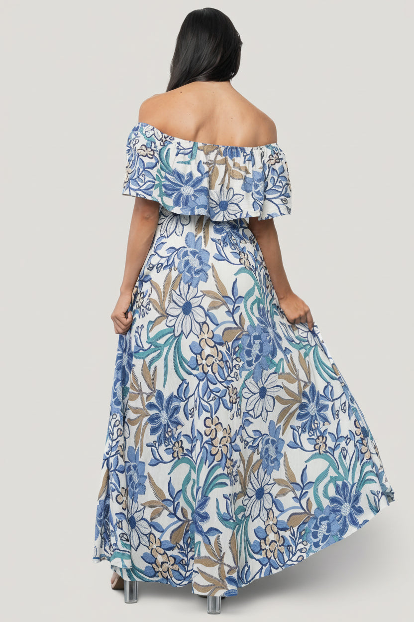 Valentina Off Shoulder Maxi Dress | Cream + Blue Multi-Glamsiq