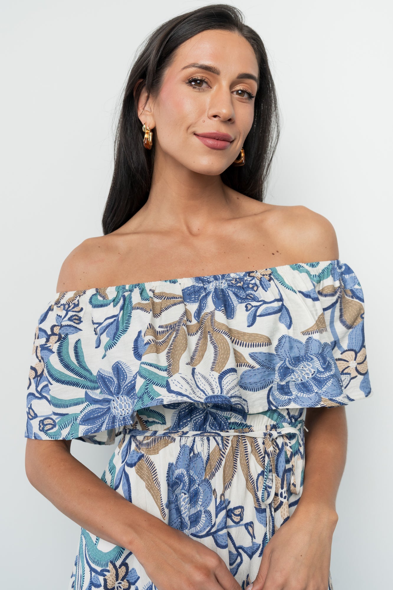 Valentina Off Shoulder Maxi Dress | Cream + Blue Multi-Glamsiq