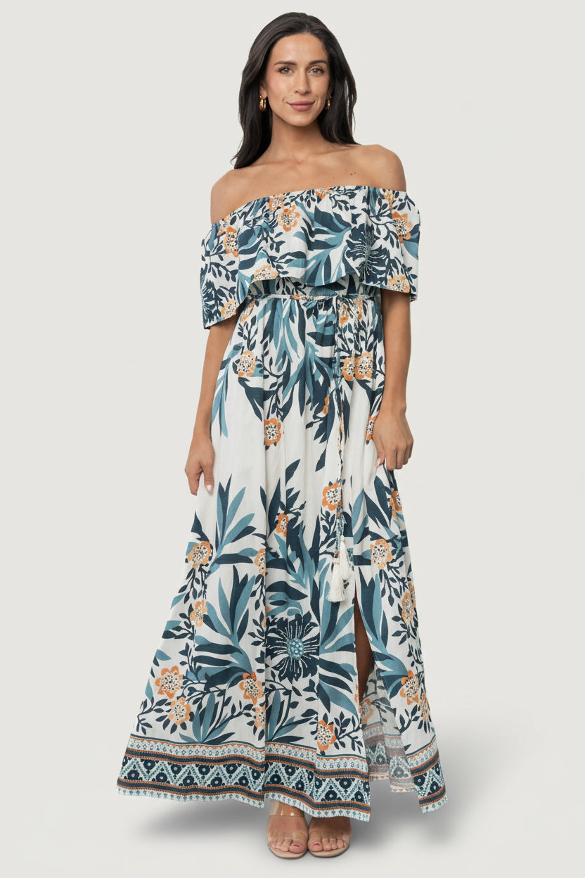 Valentina Off Shoulder Maxi Dress | Multi Print-Glamsiq