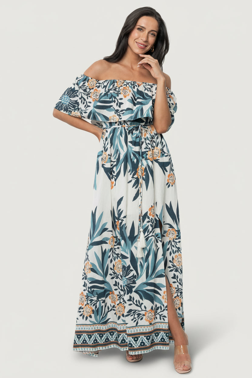 Valentina Off Shoulder Maxi Dress | Multi Print-Glamsiq