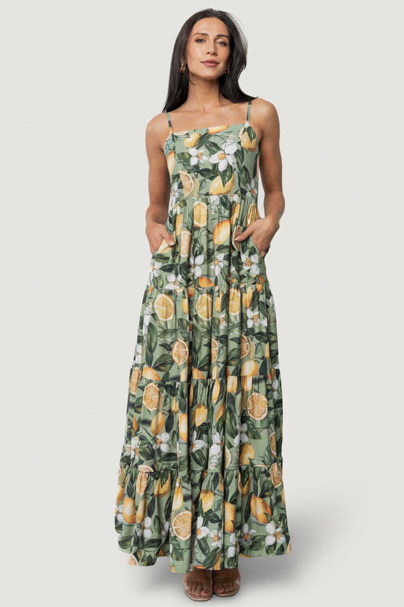 Silvia Tiered Maxi Dress | Sage Lemon Print-Glamsiq