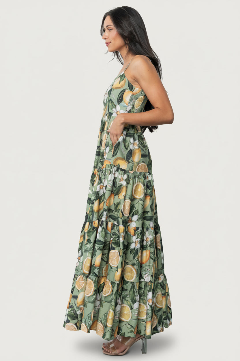 Silvia Tiered Maxi Dress | Sage Lemon Print-Glamsiq