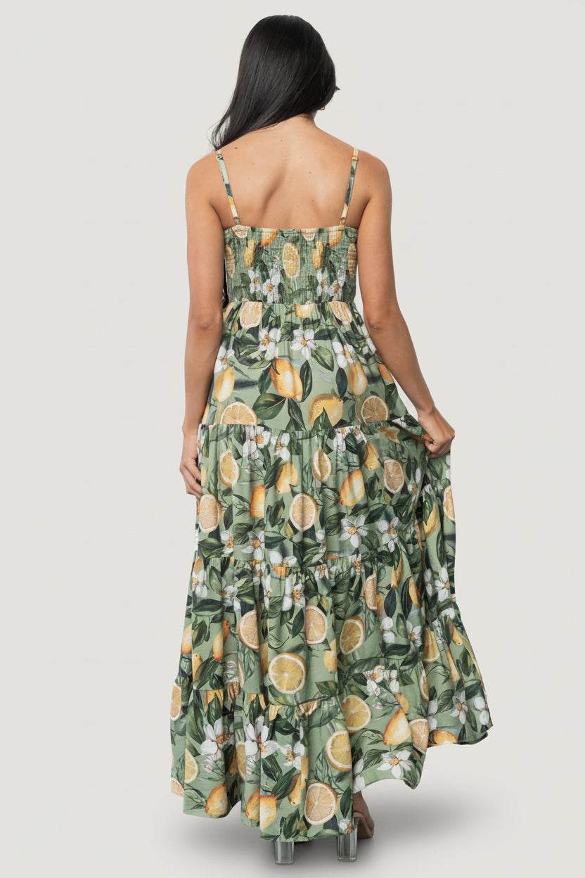 Silvia Tiered Maxi Dress | Sage Lemon Print-Glamsiq