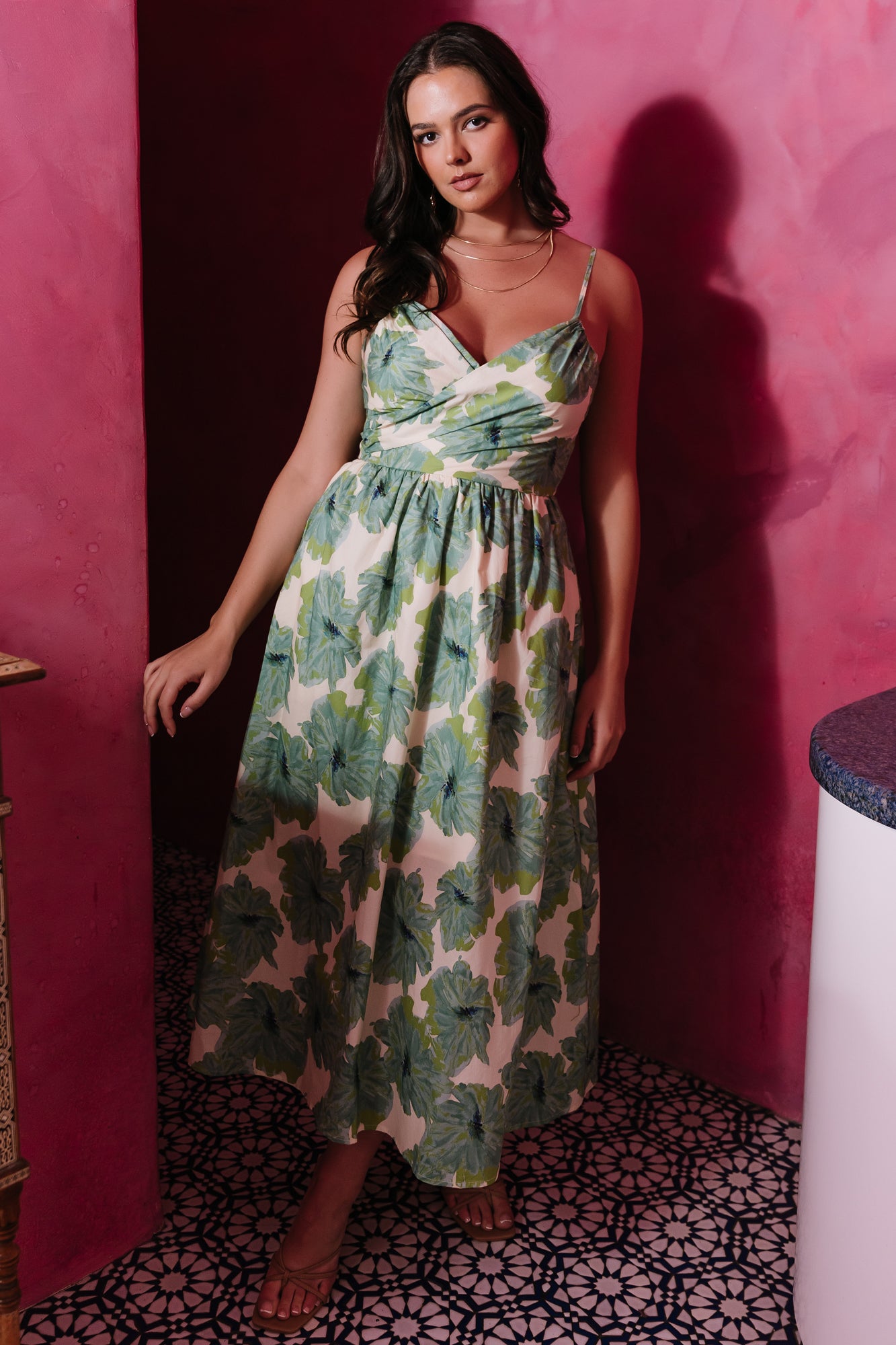 Tenerife Midi Dress | Green Floral-Glamsiq
