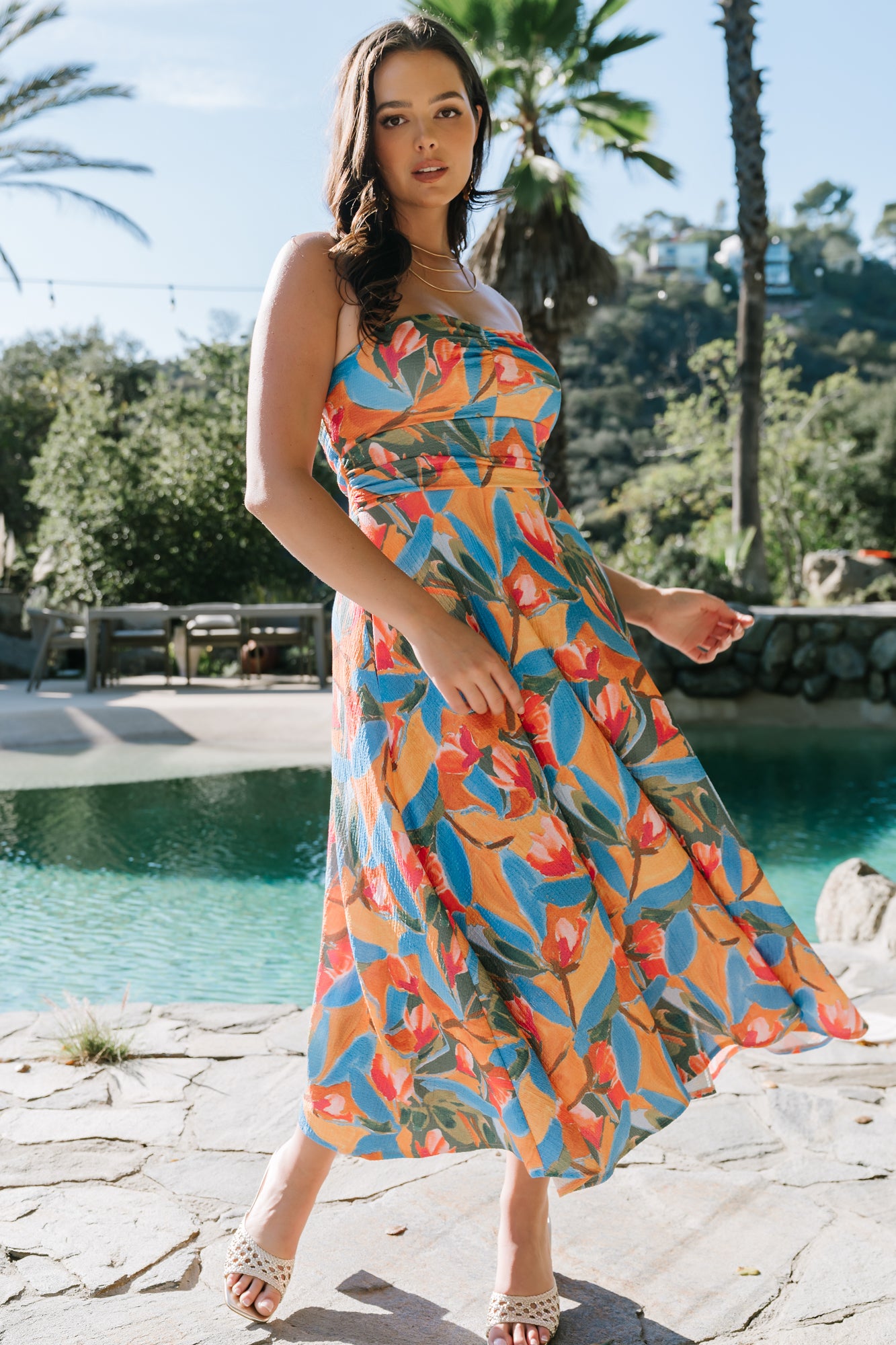 Solana Strapless Midi Dress | Blue Multi-Glamsiq