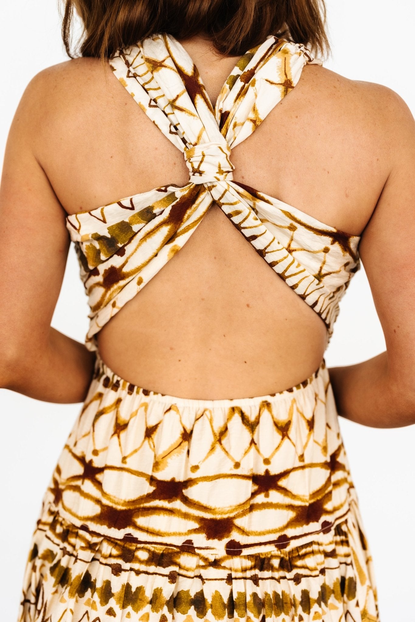 Seraphina Open Back Midi Dress | Tan Multi-Glamsiq