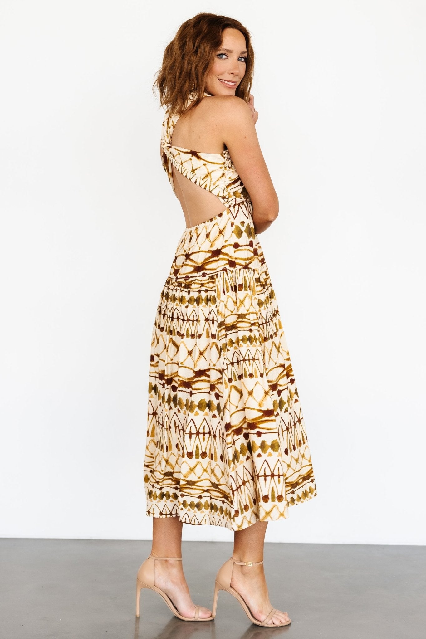 Seraphina Open Back Midi Dress | Tan Multi-Glamsiq