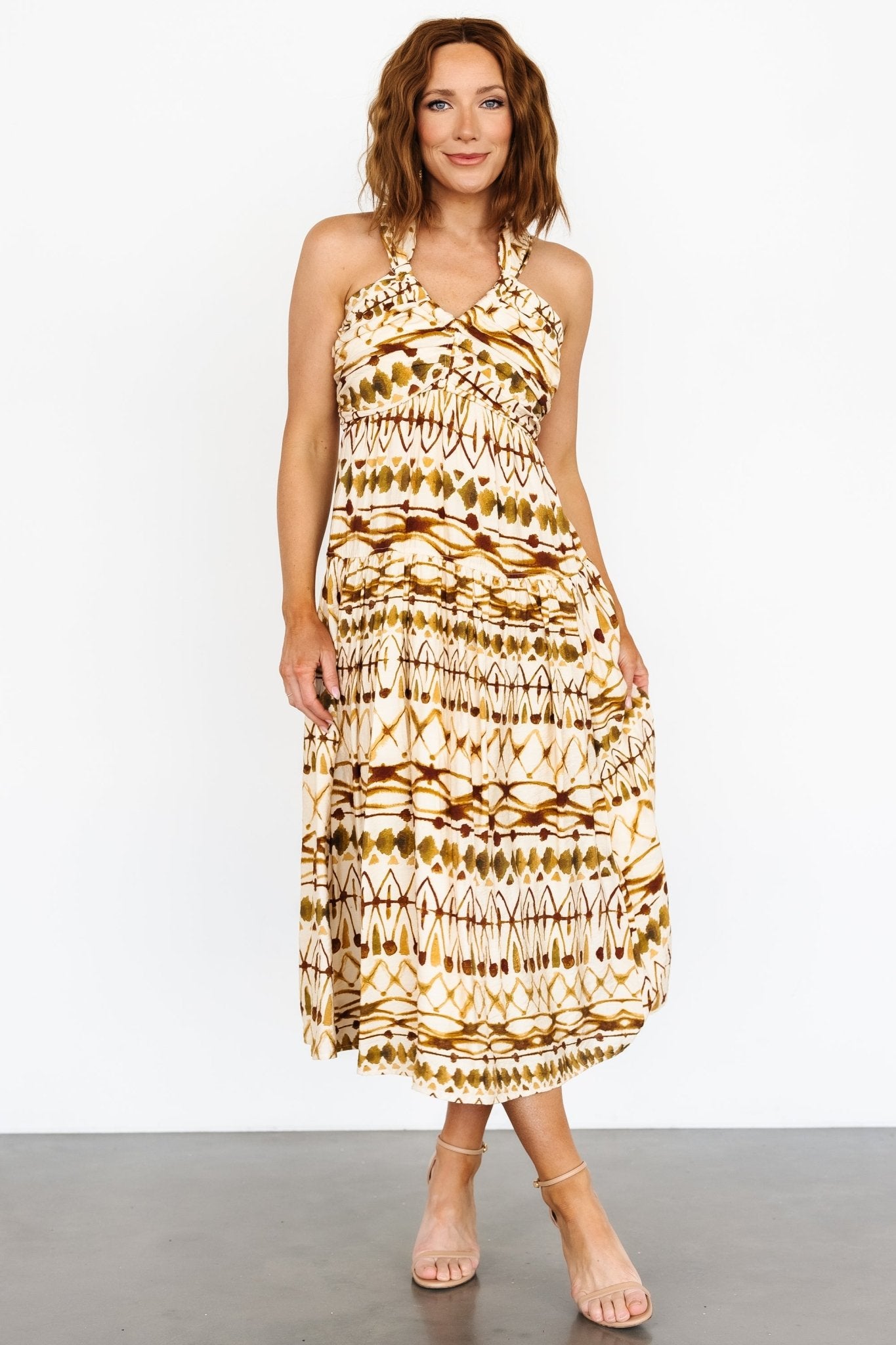 Seraphina Open Back Midi Dress | Tan Multi-Glamsiq